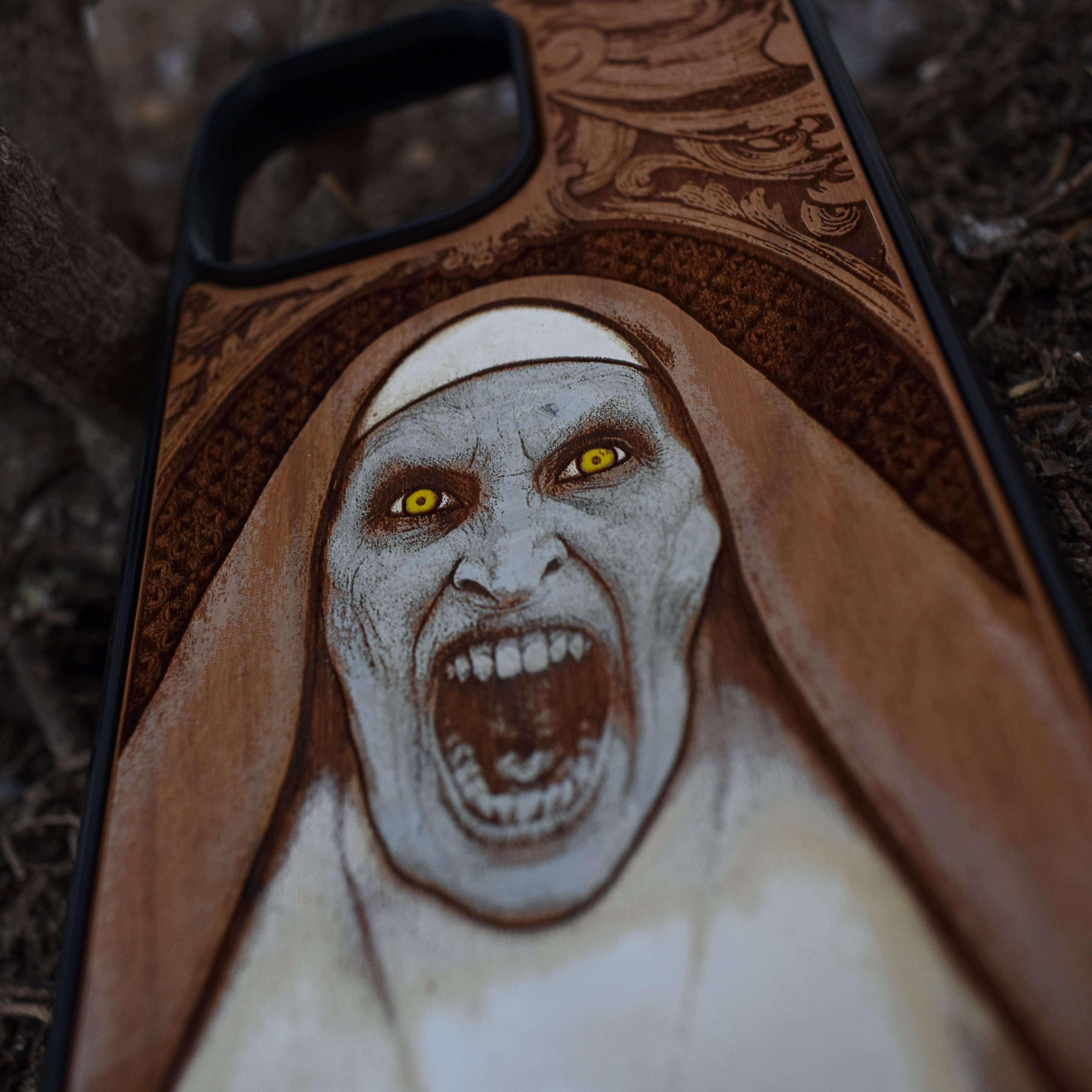 Hand-painted gothic vampire nun wood phone case with horror art for iPhone 16–11 and Samsung Galaxy S25–S20