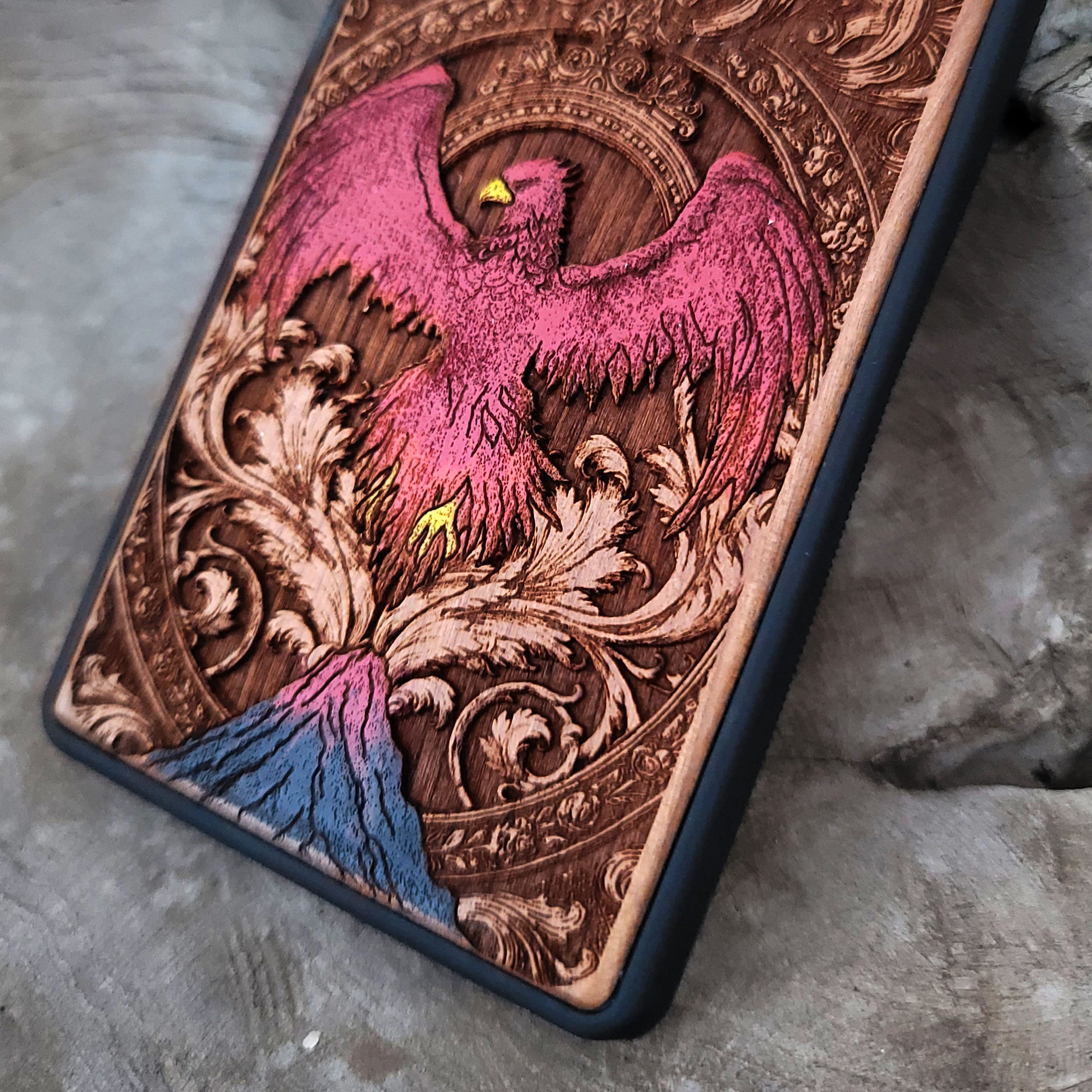 Phoenix Bird Wood Phone Case - Hand Painted
