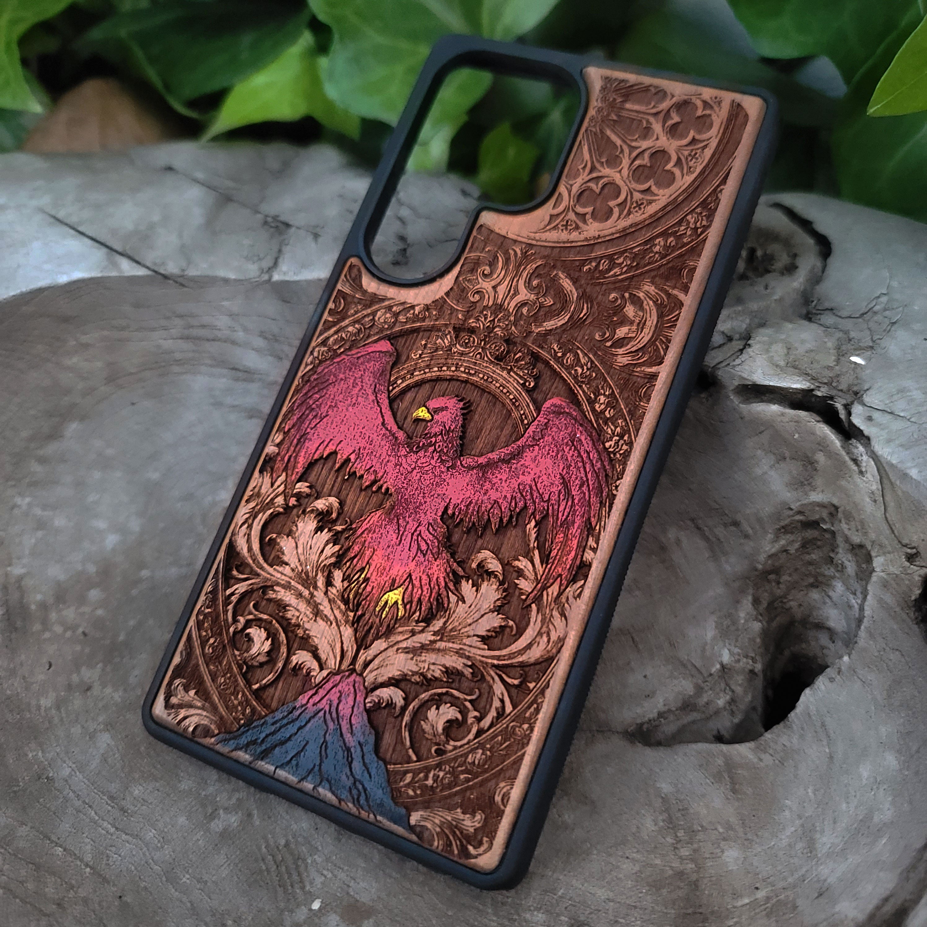 Phoenix Bird Wood Phone Case - Hand Painted