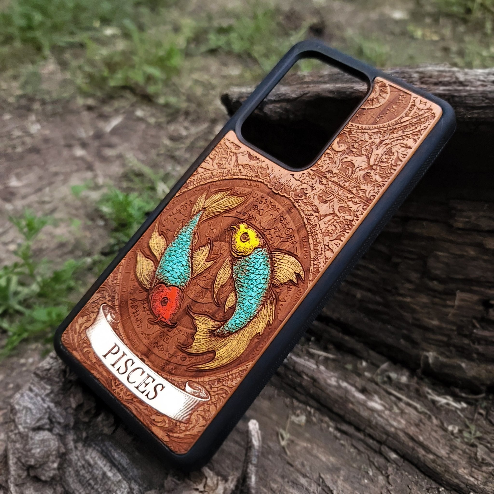 Hand-painted Pisces star sign phone case with cosmic zodiac artwork