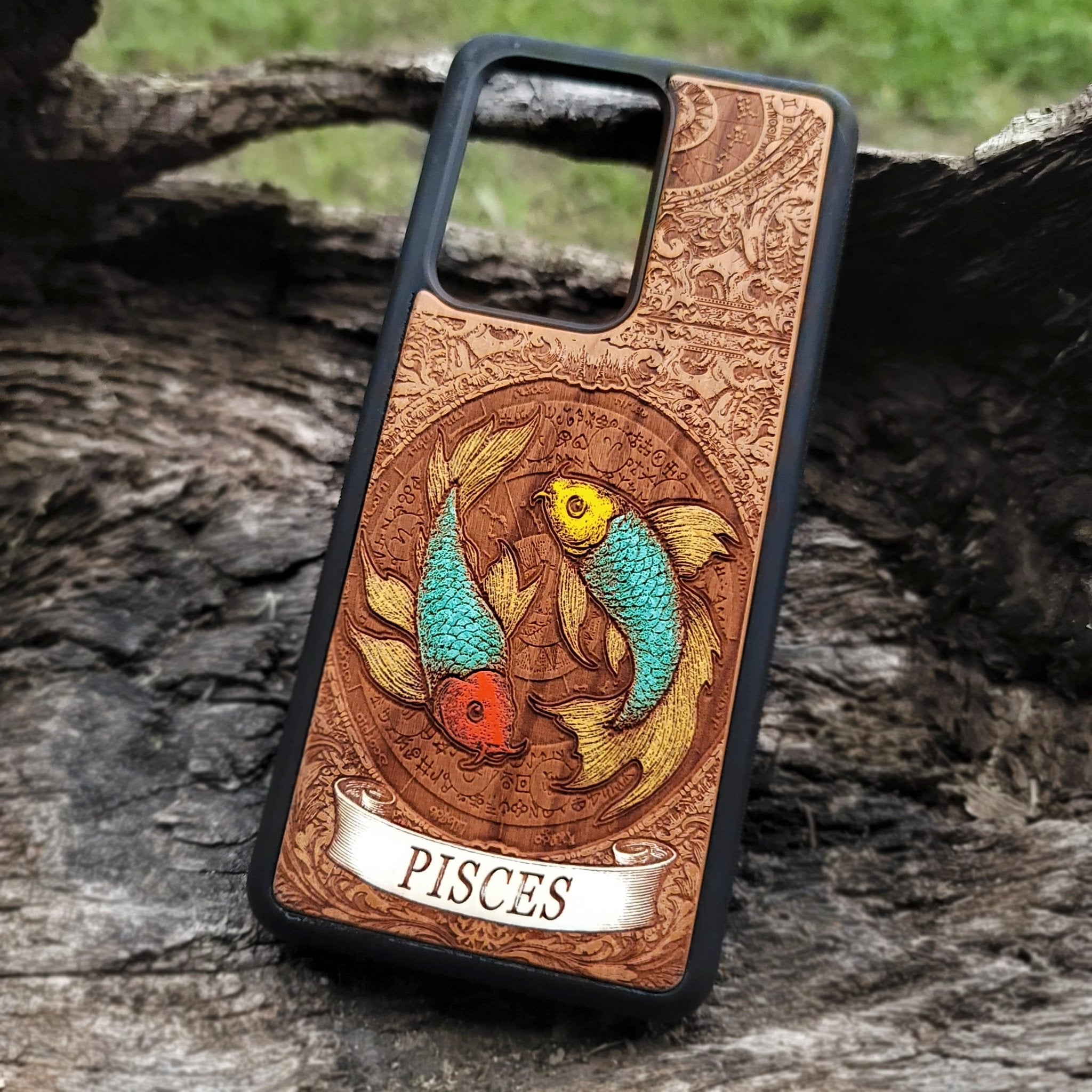 Wooden Pisces phone case featuring detailed horoscope symbol art