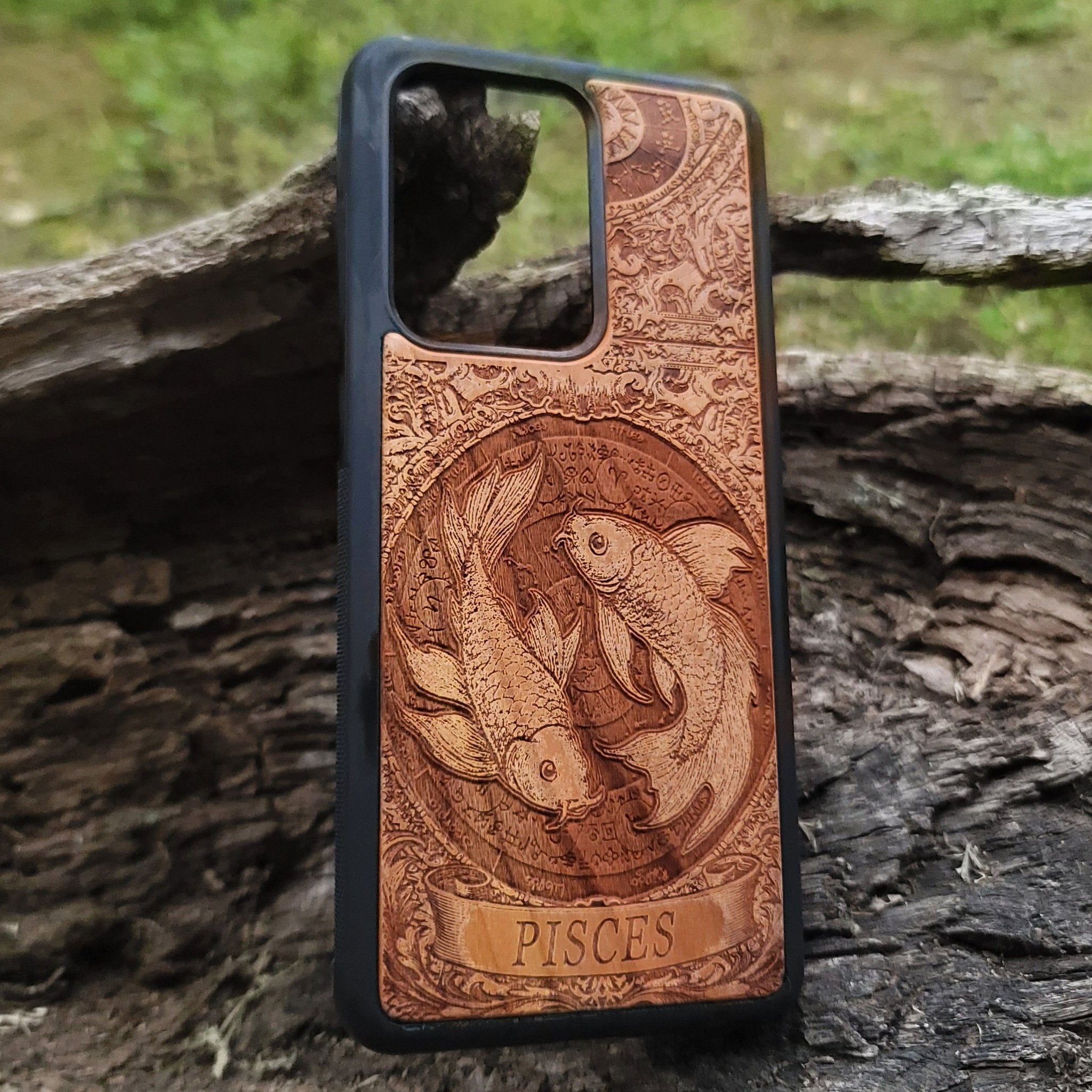 Unique wood phone case with mystical Pisces zodiac symbol