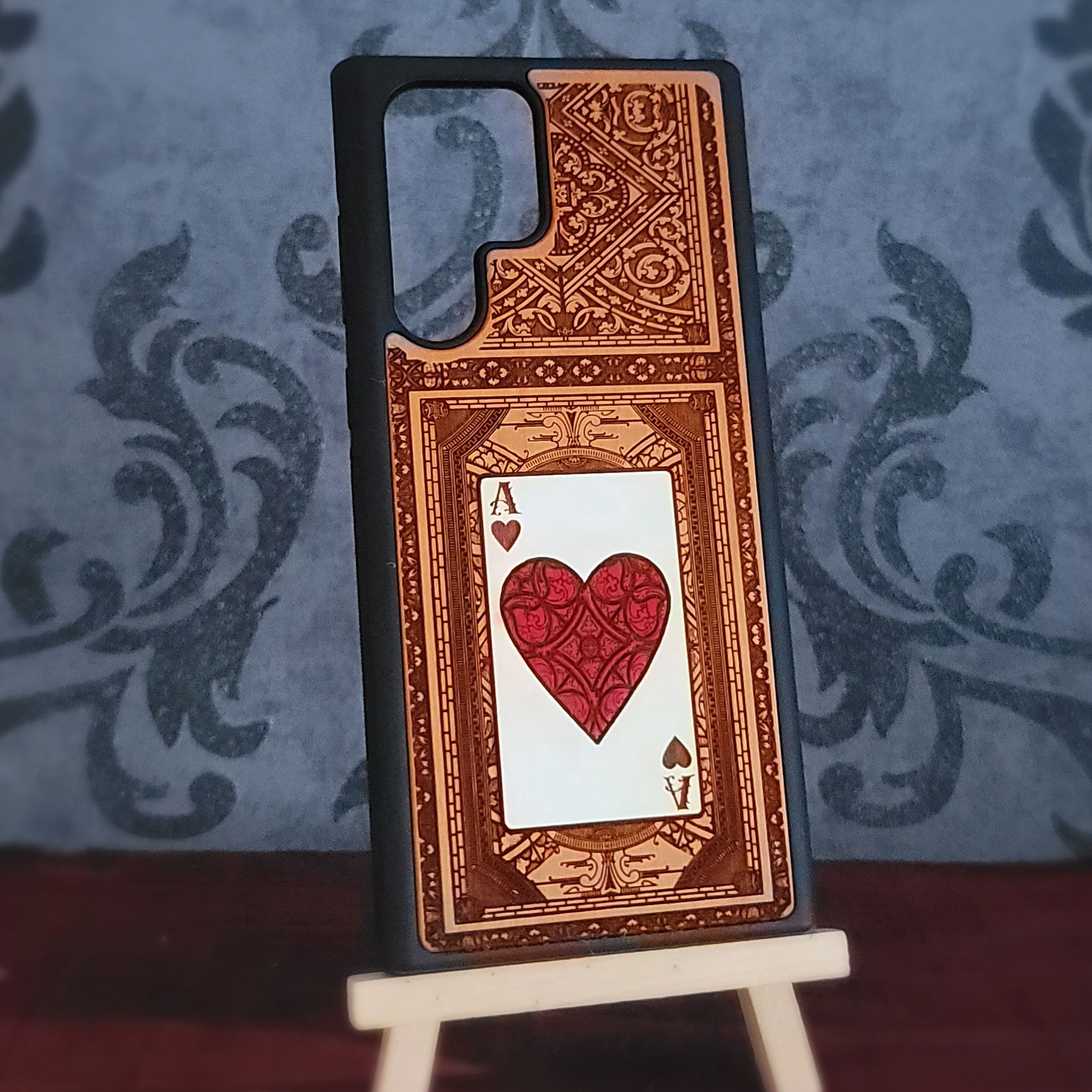 Wood phone case hand painted and laser engraved with Ace of Hearts poker card for iPhone and Galaxy
