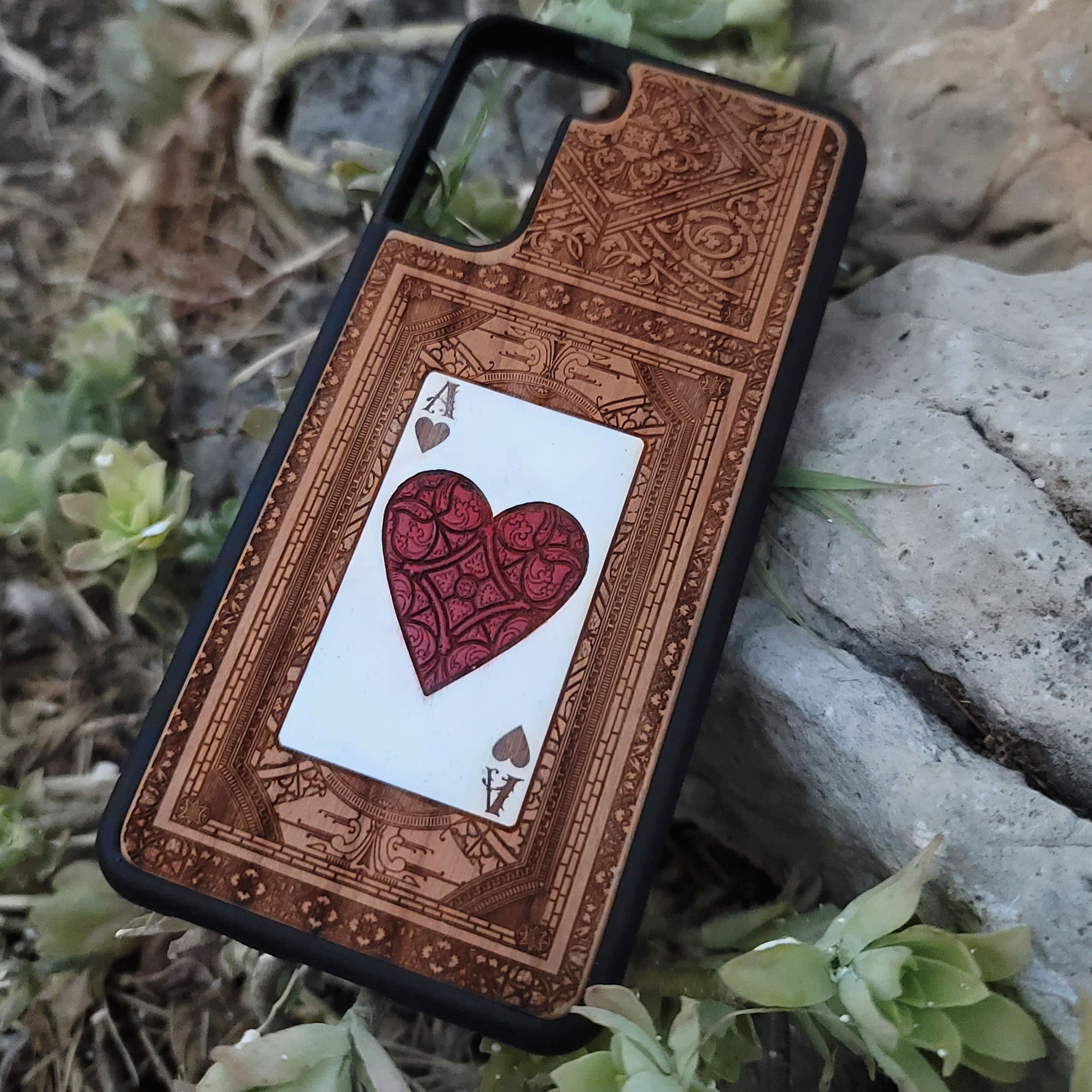 Engraved and painted Ace of Hearts wood phone case for iPhone and Galaxy