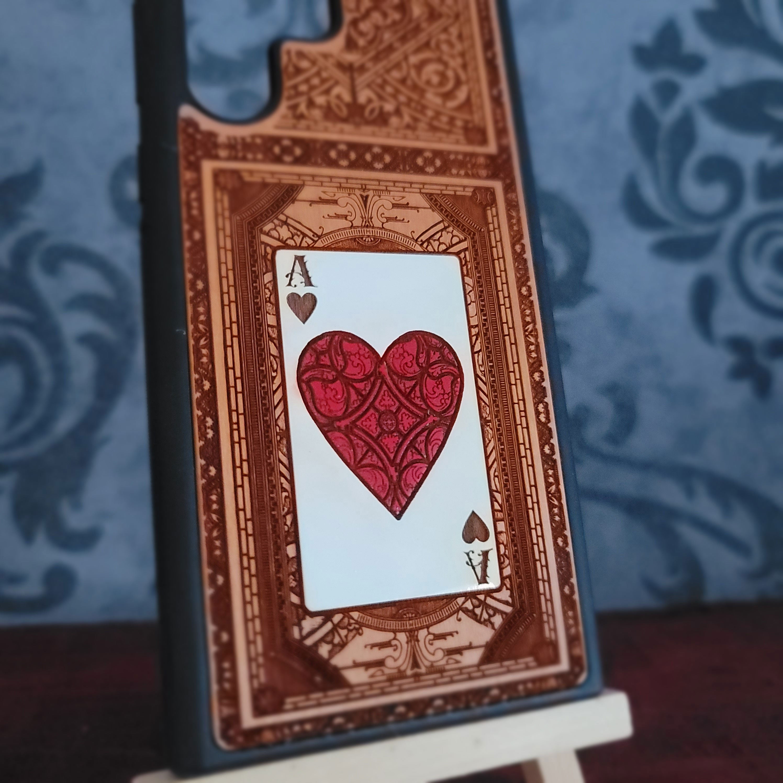 Wood phone case hand painted and laser engraved with Ace of Hearts poker card for iPhone and Galaxy