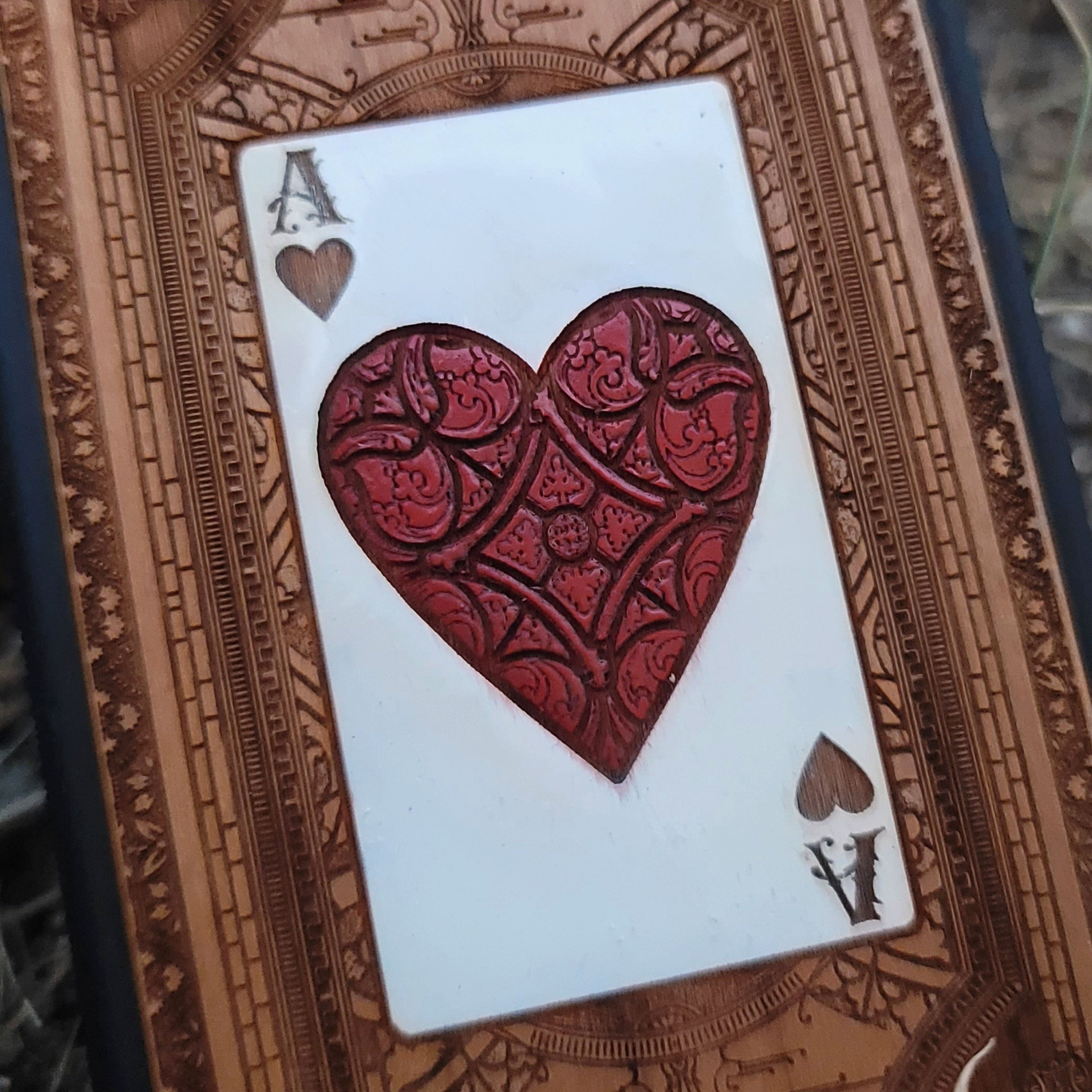 Engraved and painted Ace of Hearts wood phone case for iPhone and Galaxy