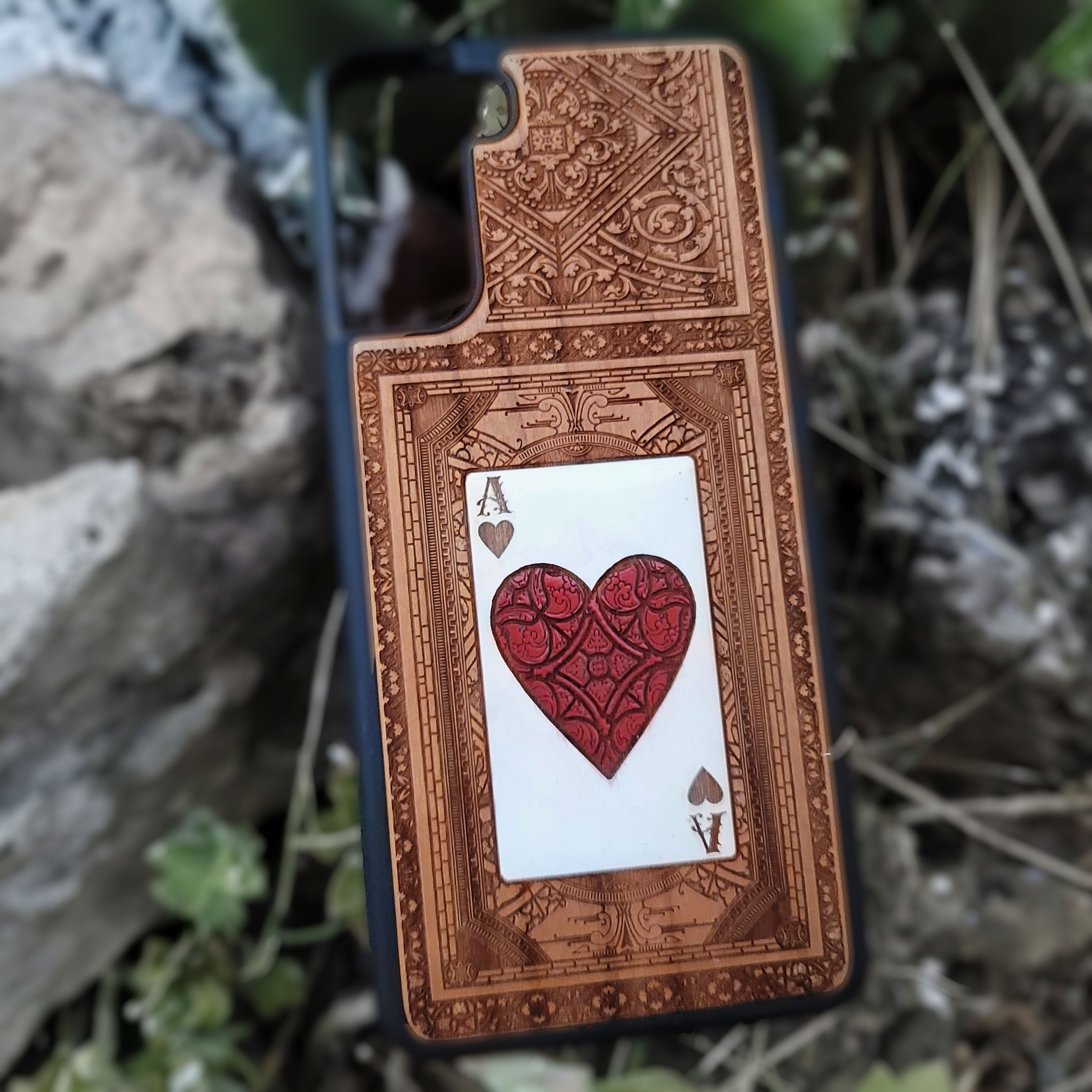 Engraved and painted Ace of Hearts wood phone case for iPhone and Galaxy