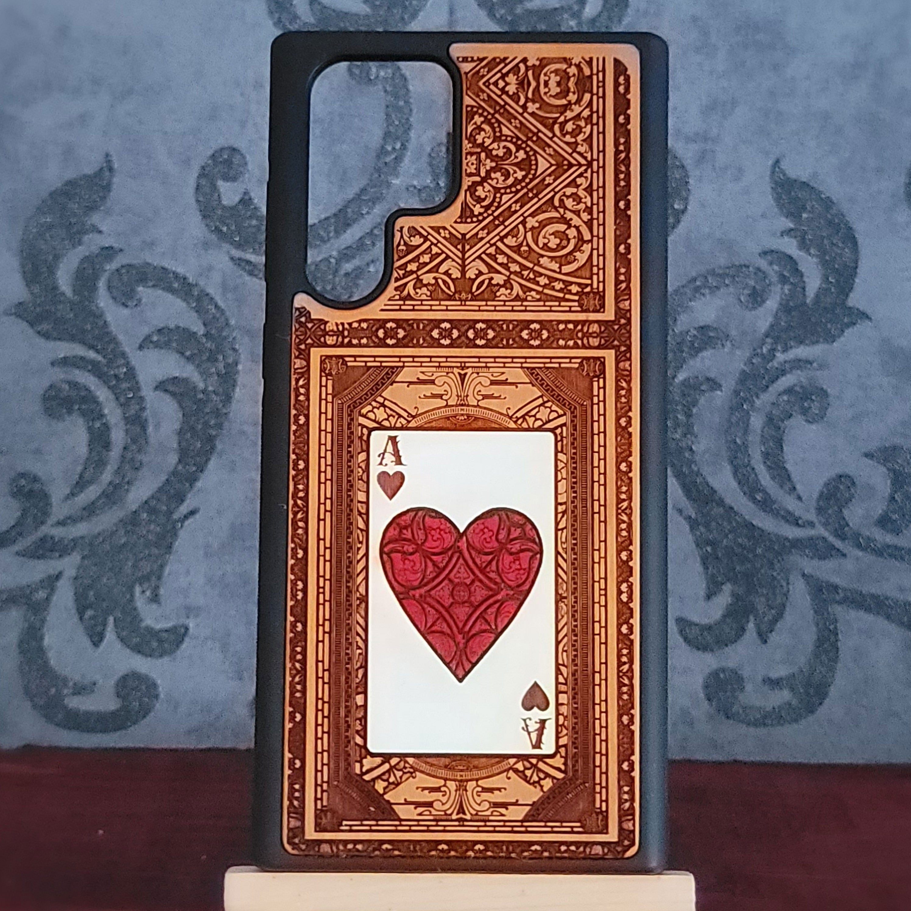 Wood phone case hand painted and laser engraved with Ace of Hearts poker card for iPhone and Galaxy