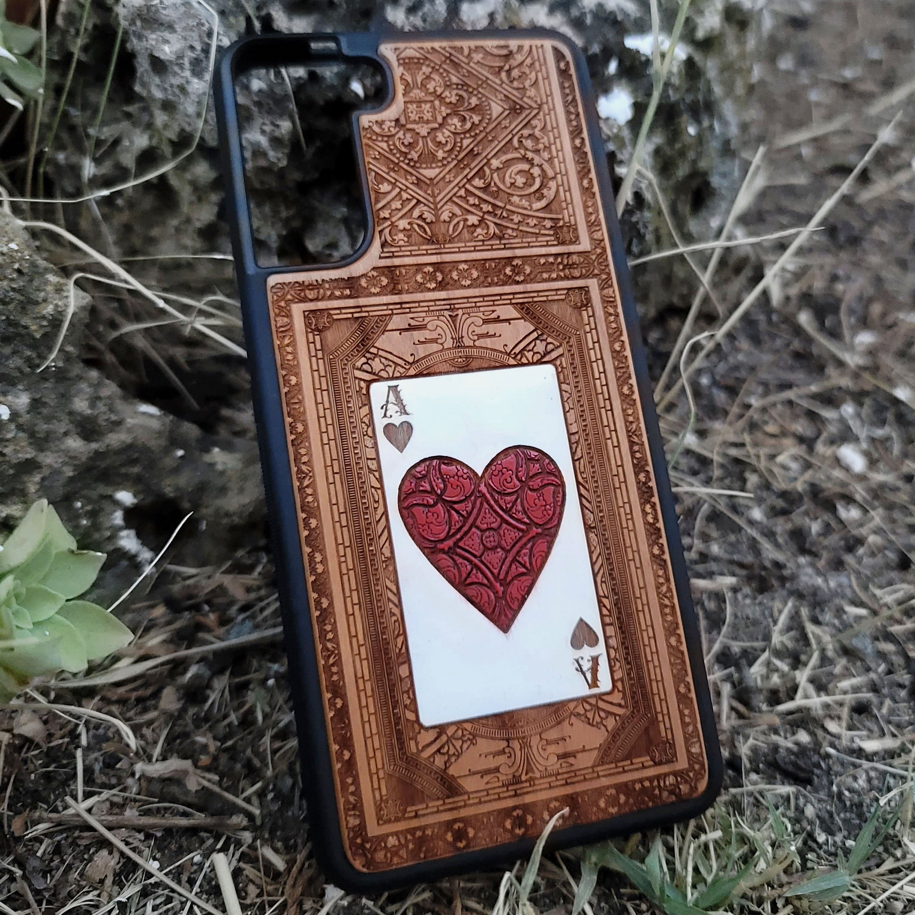 Engraved and painted Ace of Hearts wood phone case for iPhone and Galaxy