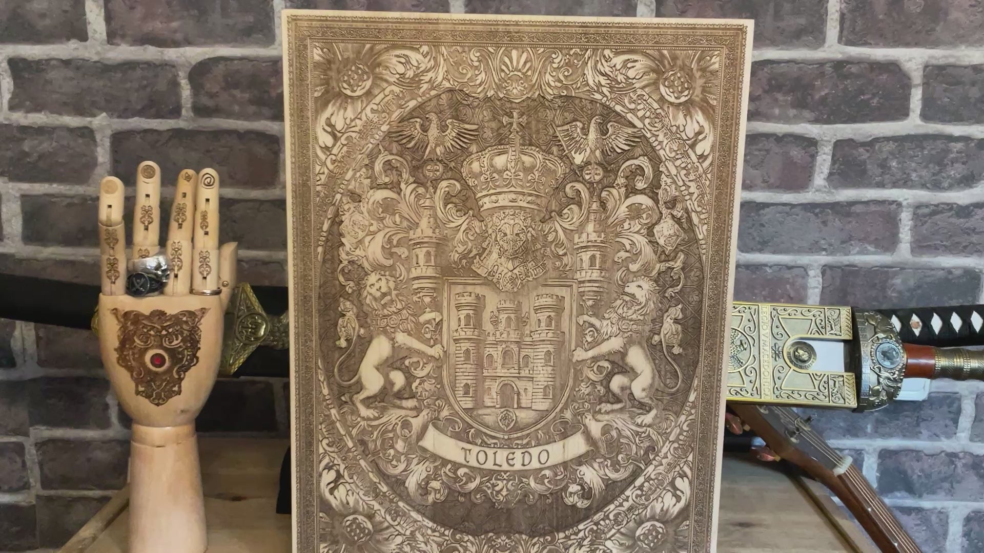 Toledo Spain heraldic crest wood plaque, medieval-style engraved artwork.