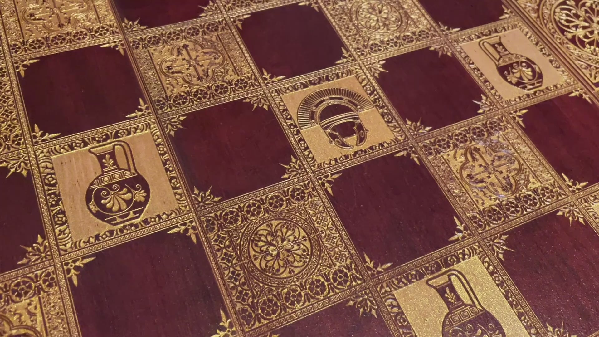 Load video: Handcrafted Roman Empire-themed chessboard with intricate laser-engraved details, showcasing an ornate wood-stained finish. This tournament-size chess set is a perfect 5-year anniversary gift, blending historic art with premium craftsmanship. Watch the detailed engraving and polished wooden surface in motion.