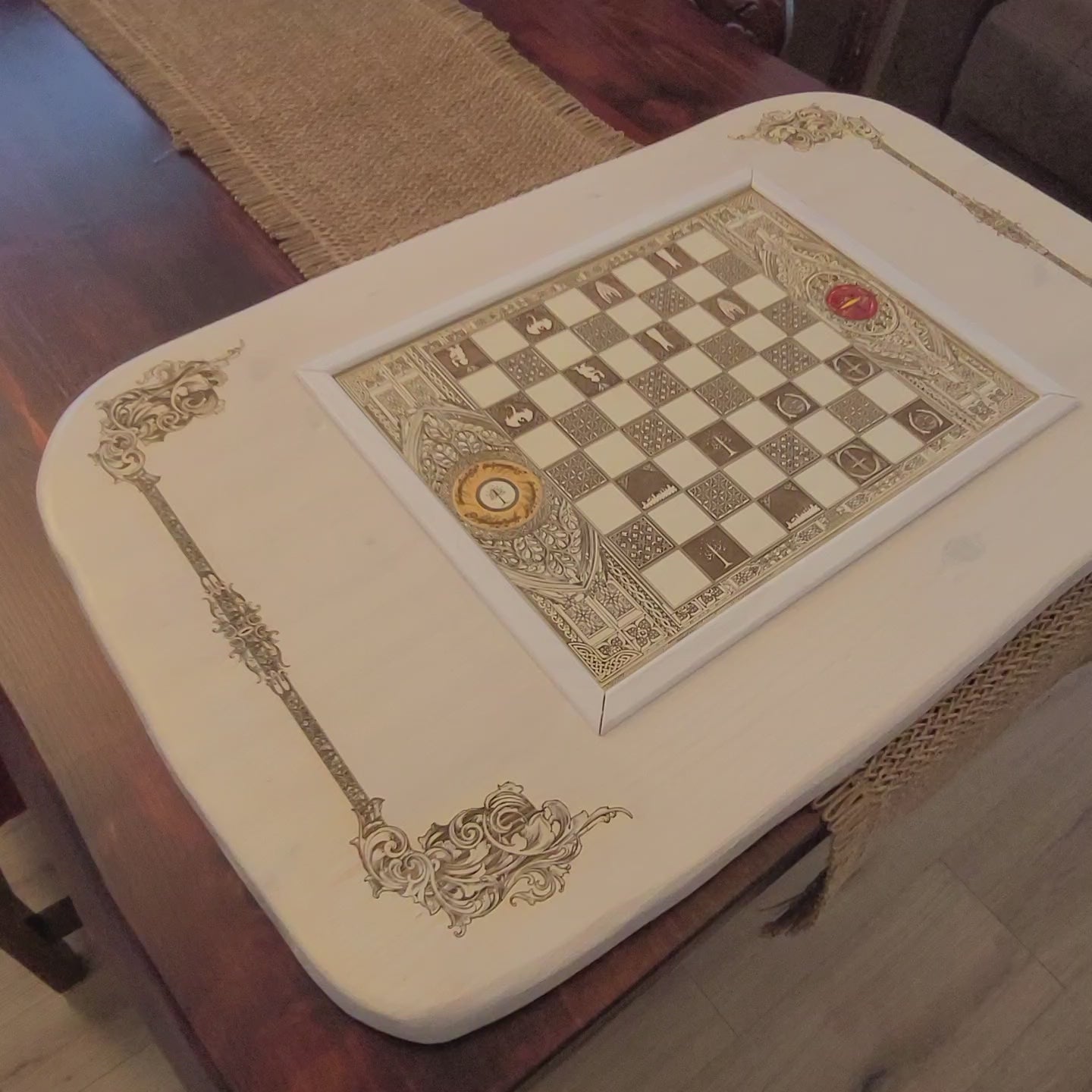 LOTR Wooden Chessboard Coffee Table Top - White Stained