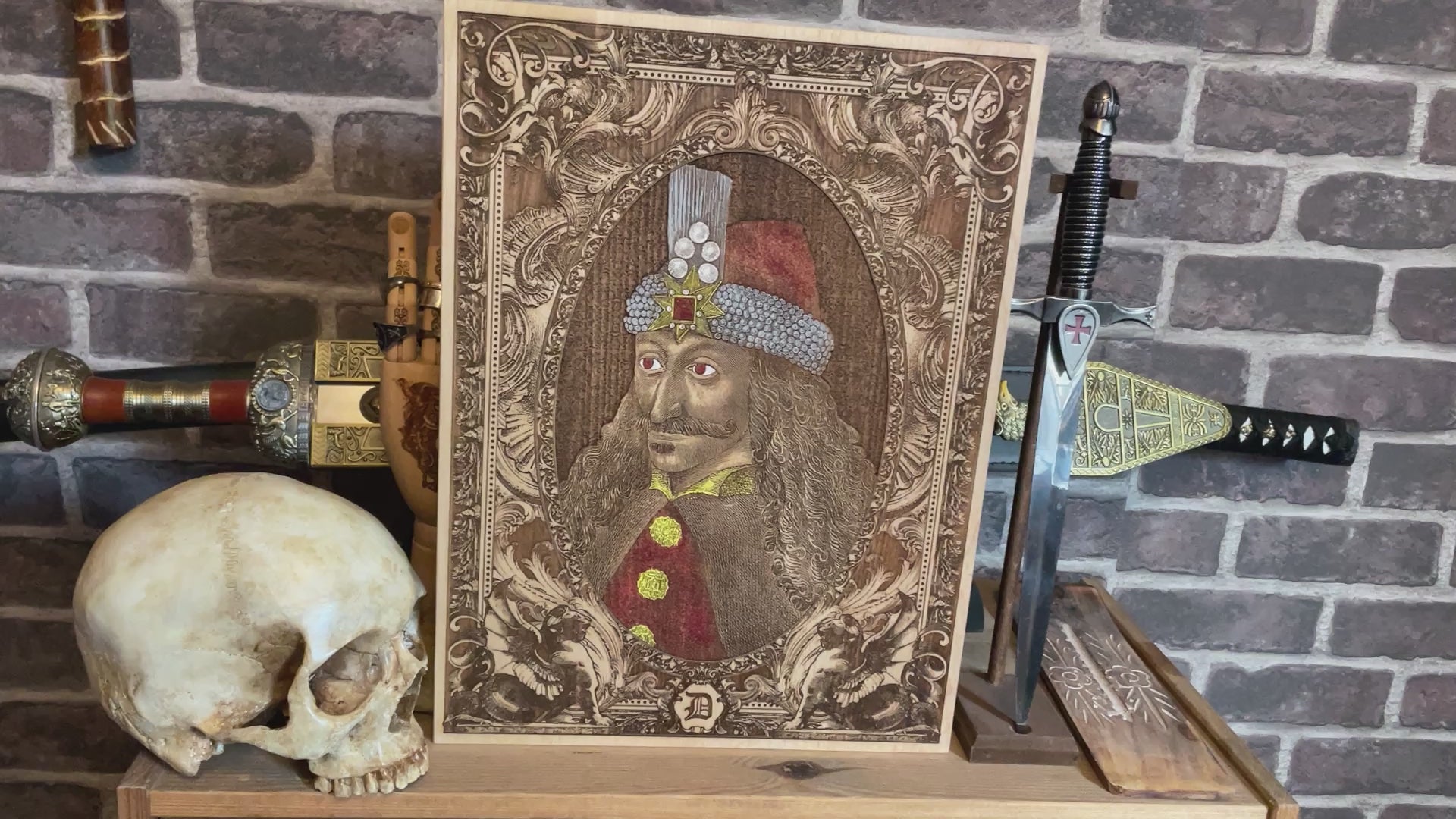 Gothic-style Dracula wood artwork, great gift for horror collectors.