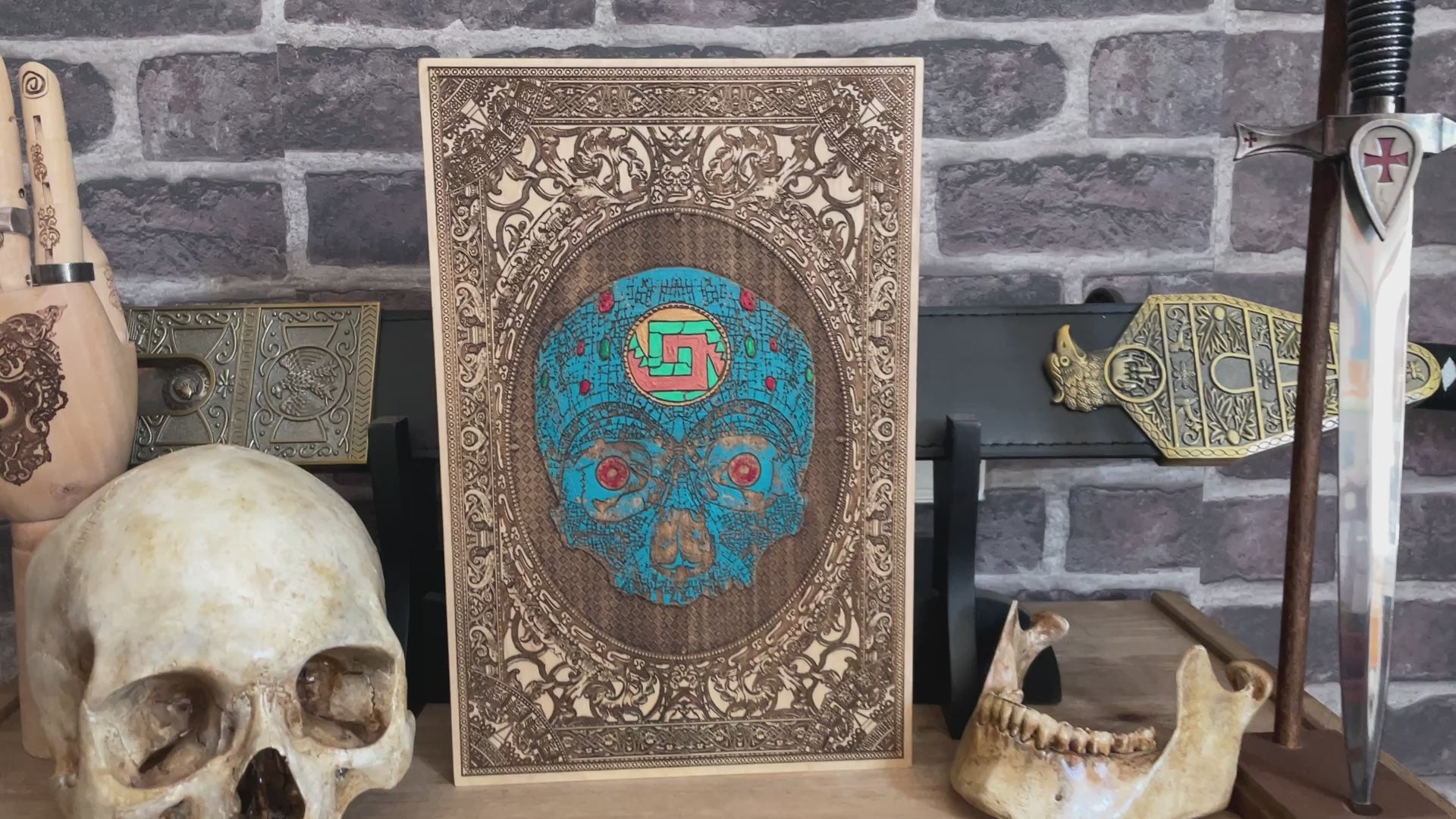 Maple wood wall art of Aztec skull design with laser engraving.