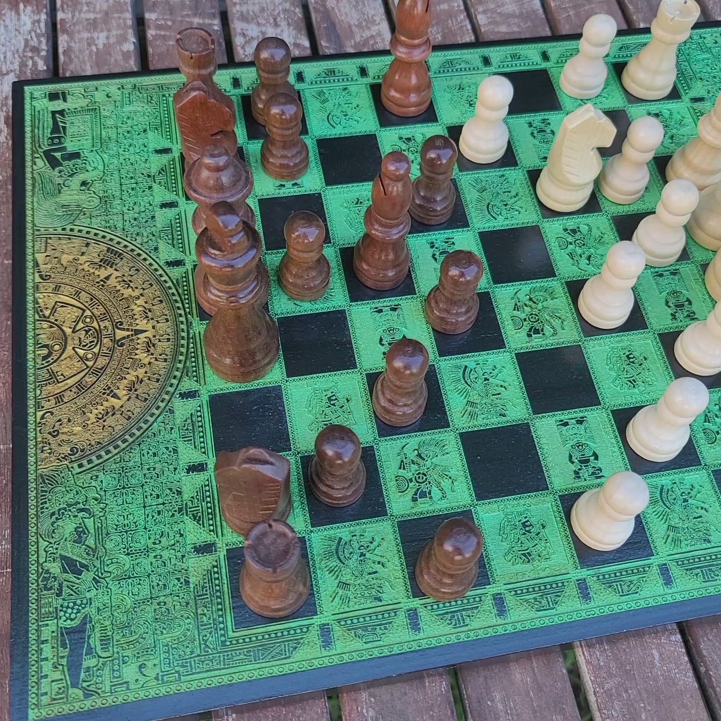 Aztec Chess Board - Black & Green - A3 Large Size