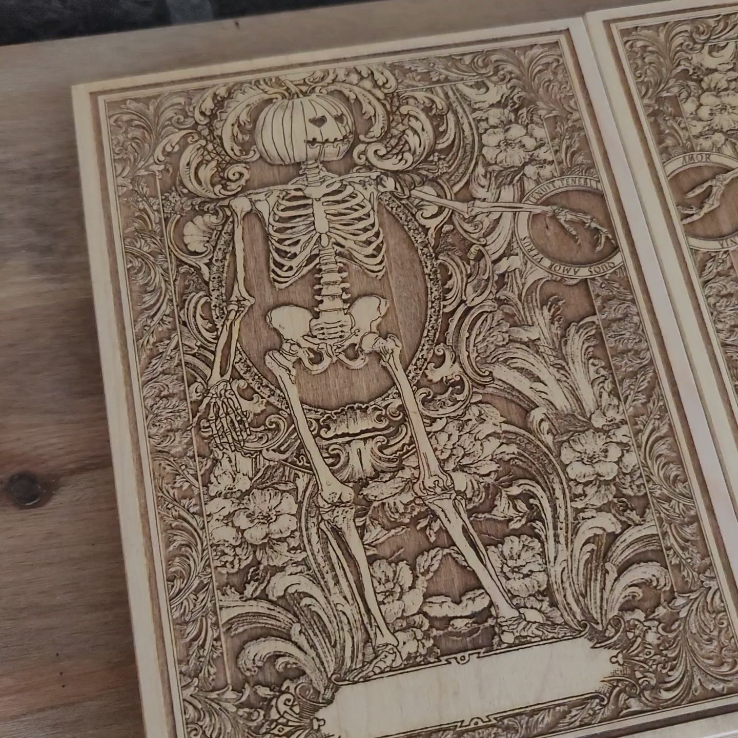 Unique gift for goth couples – skeleton love scene engraved on wood.