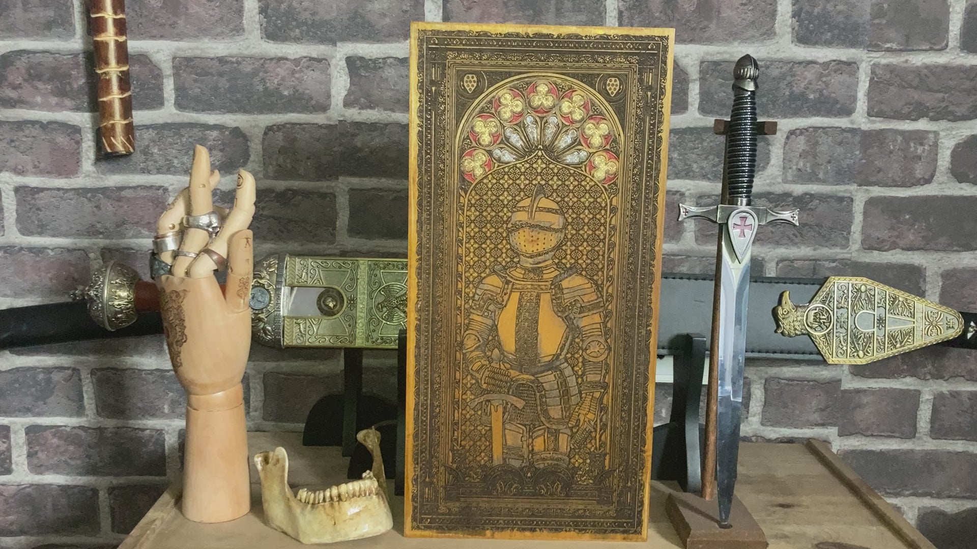Oak wood gothic knight wall plaque for medieval fans
