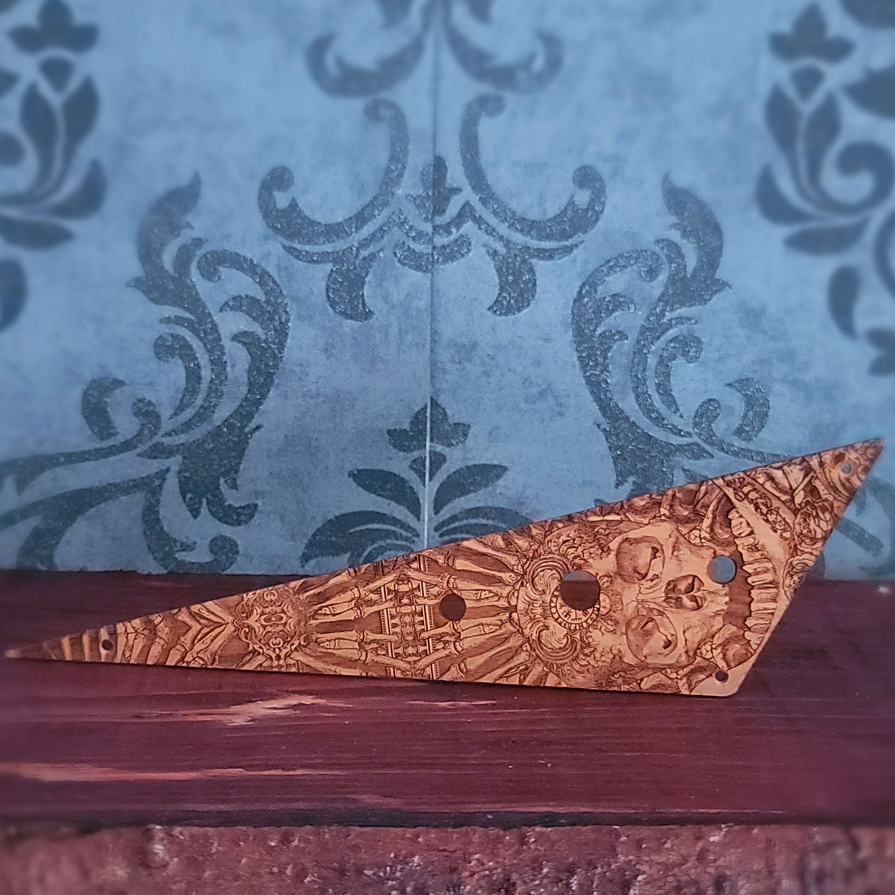 Randy Rhoads Flying V Guitar Pickguard: Laser Engraved Cherry Wood Skull Design