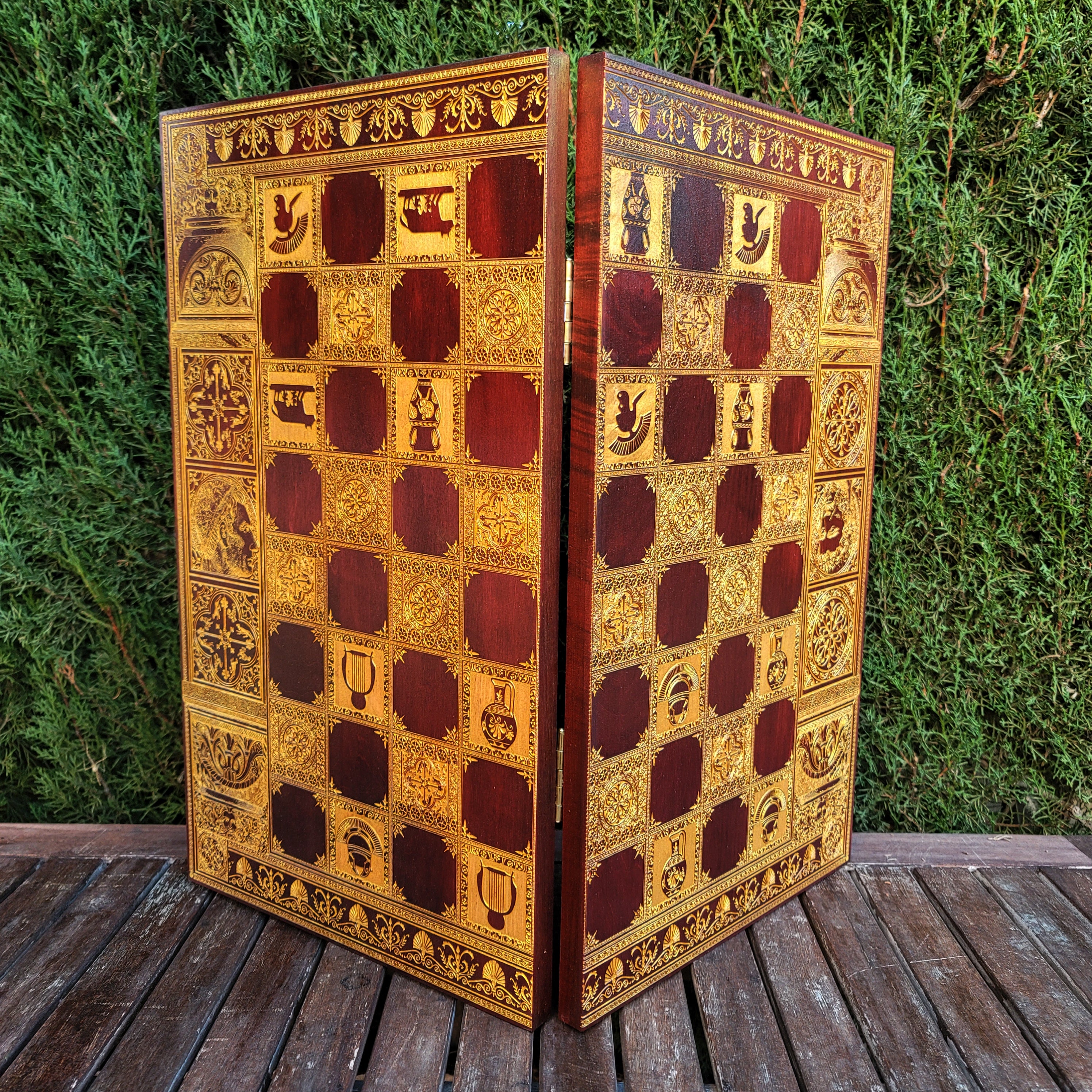 Handcrafted Roman Empire Chessboard – Laser Engraved, Wood-Stained, Ornate Design