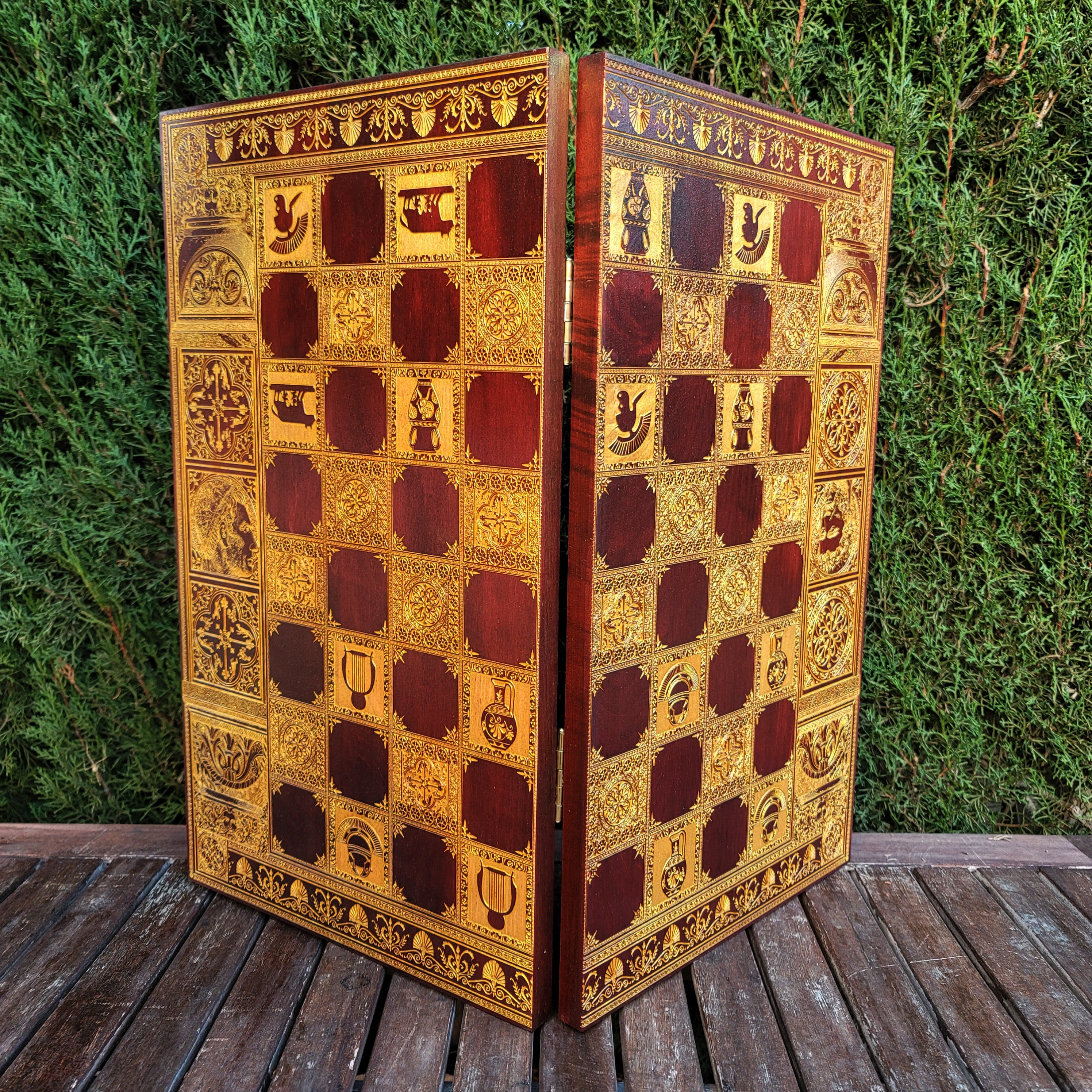 Roman Chess Board - Red Walnut & Gold - Tournament Size