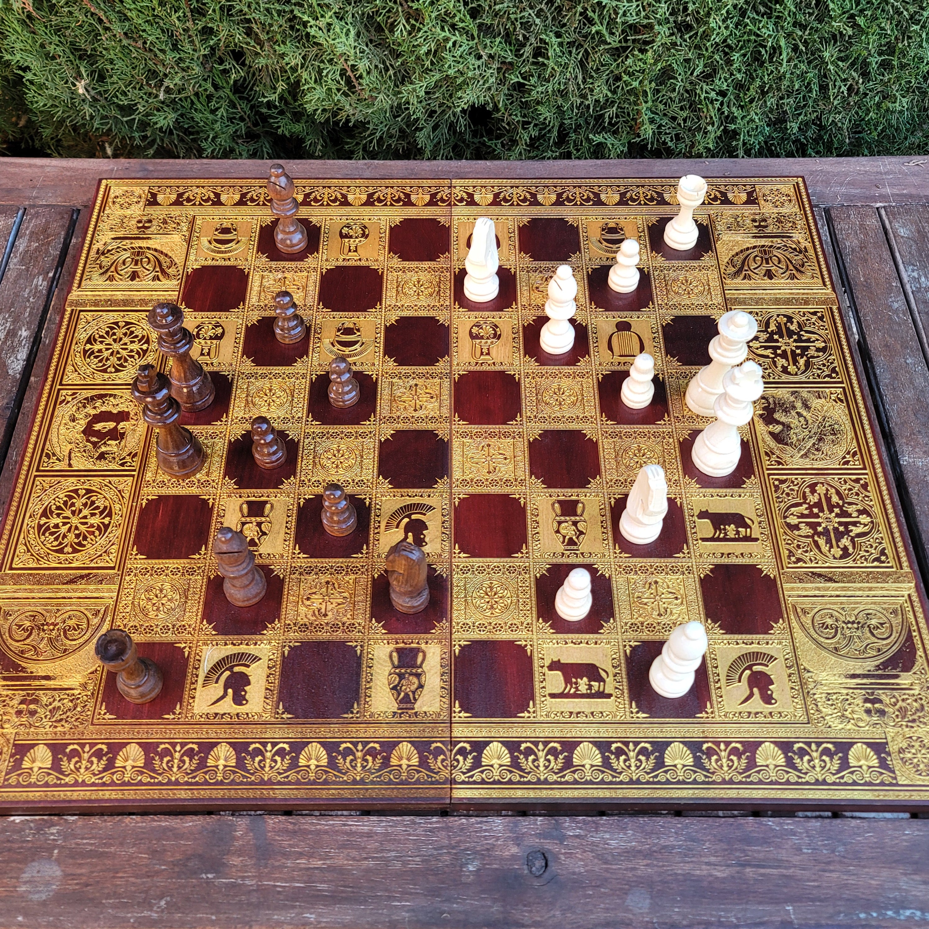 Roman Chess Board - Red Walnut & Gold - Tournament Size