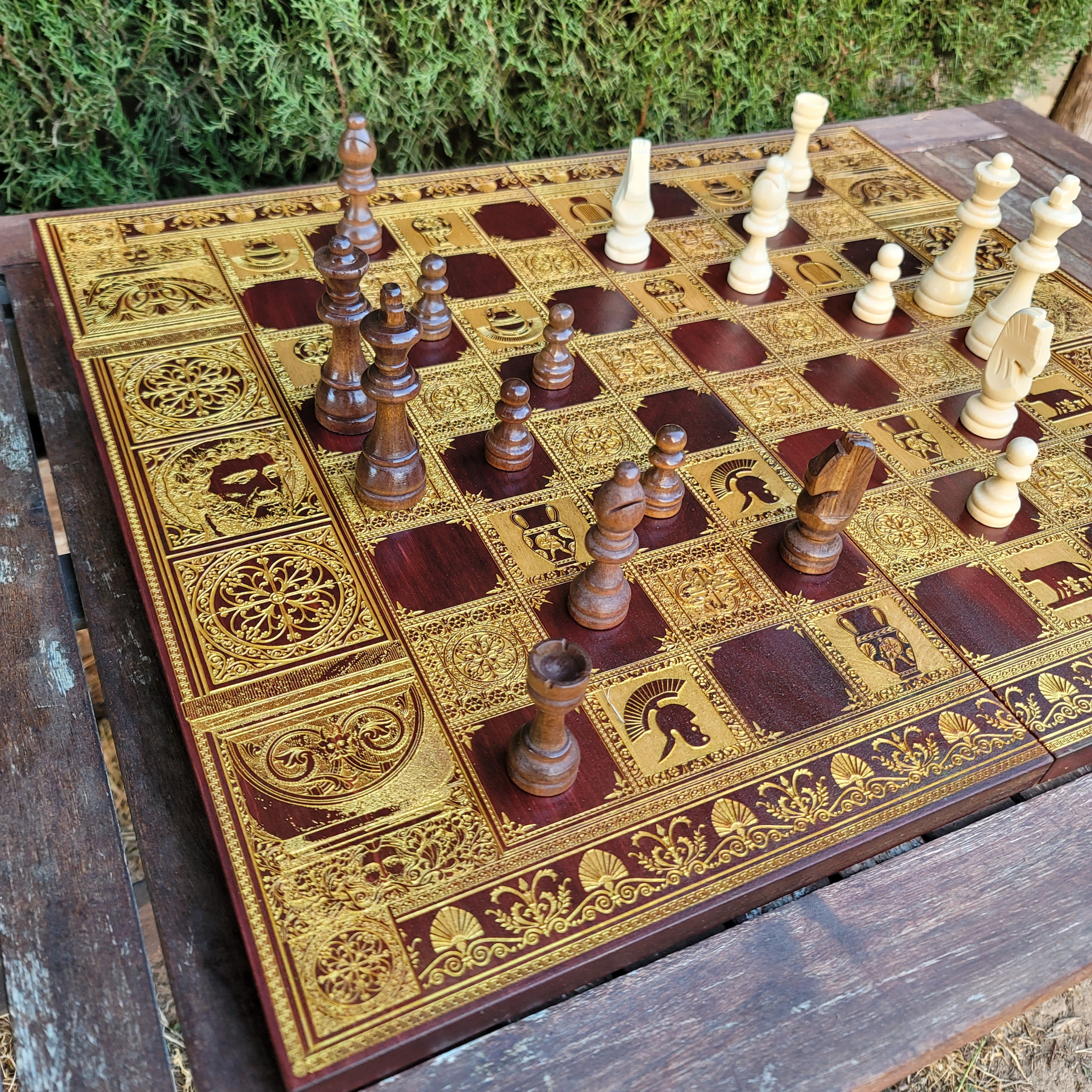 Roman Chess Board - Red Walnut & Gold - Tournament Size