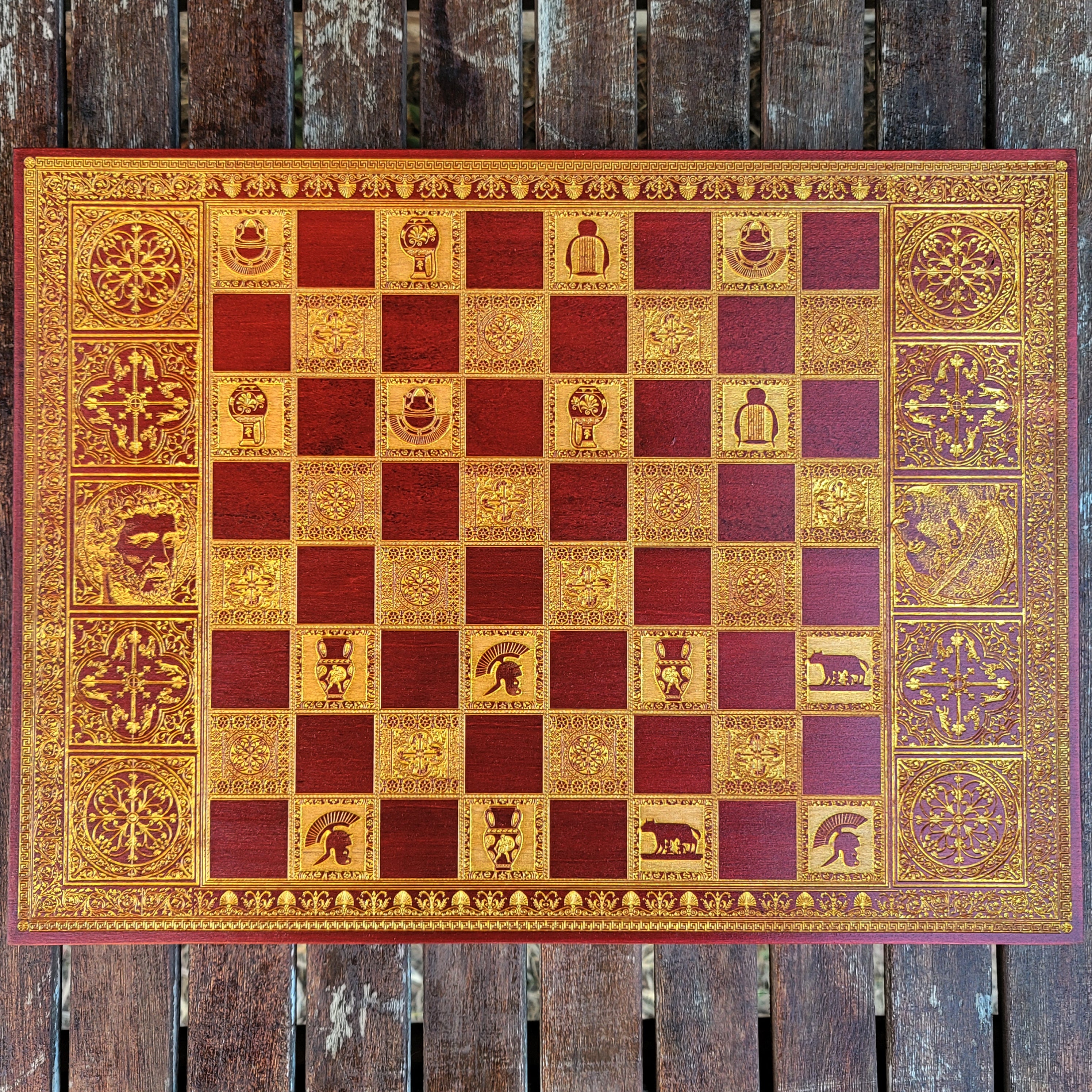 Roman Chess Board - Red Walnut & Gold - A3 Large Size