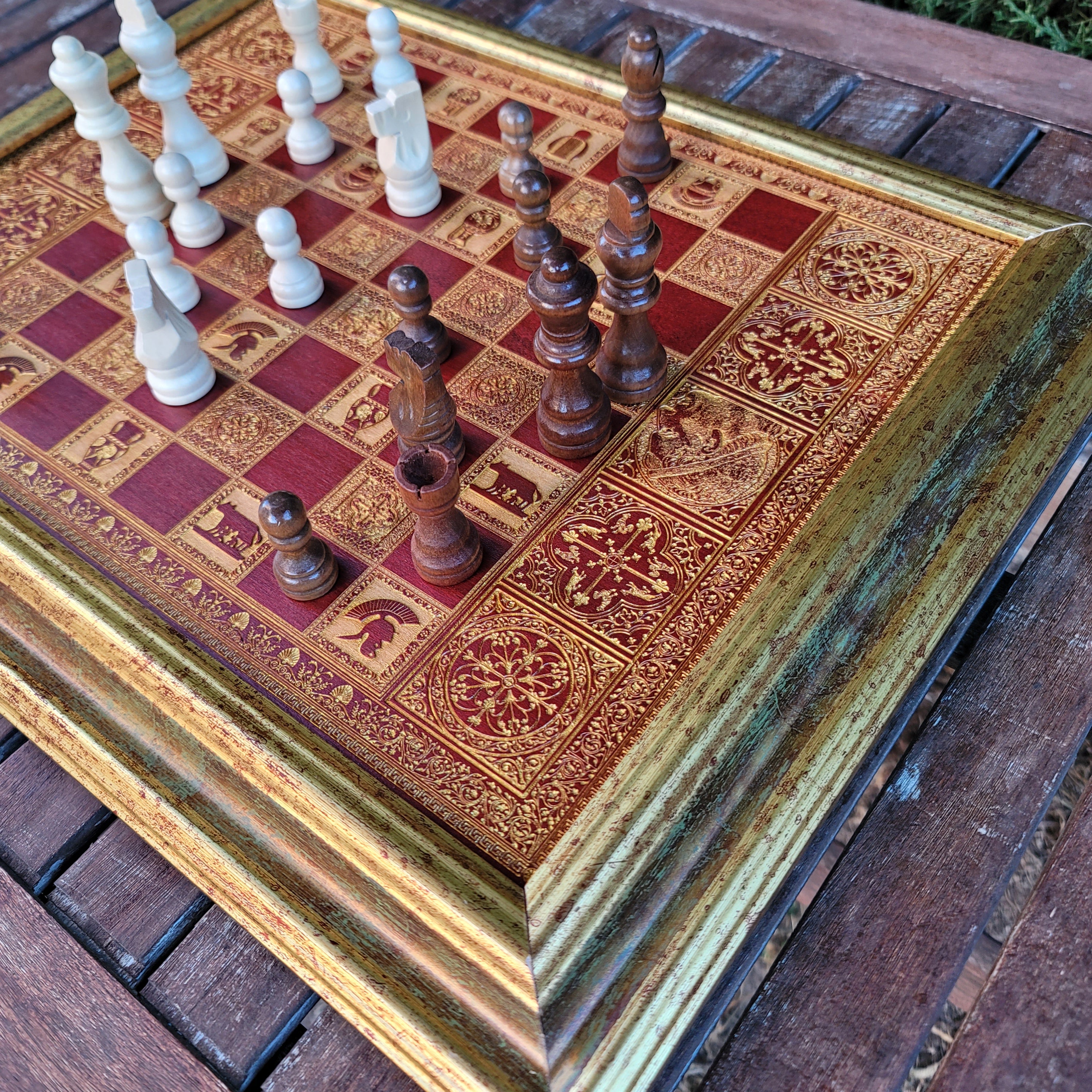Roman Chess Board - Red Walnut & Gold - A3 Large Size