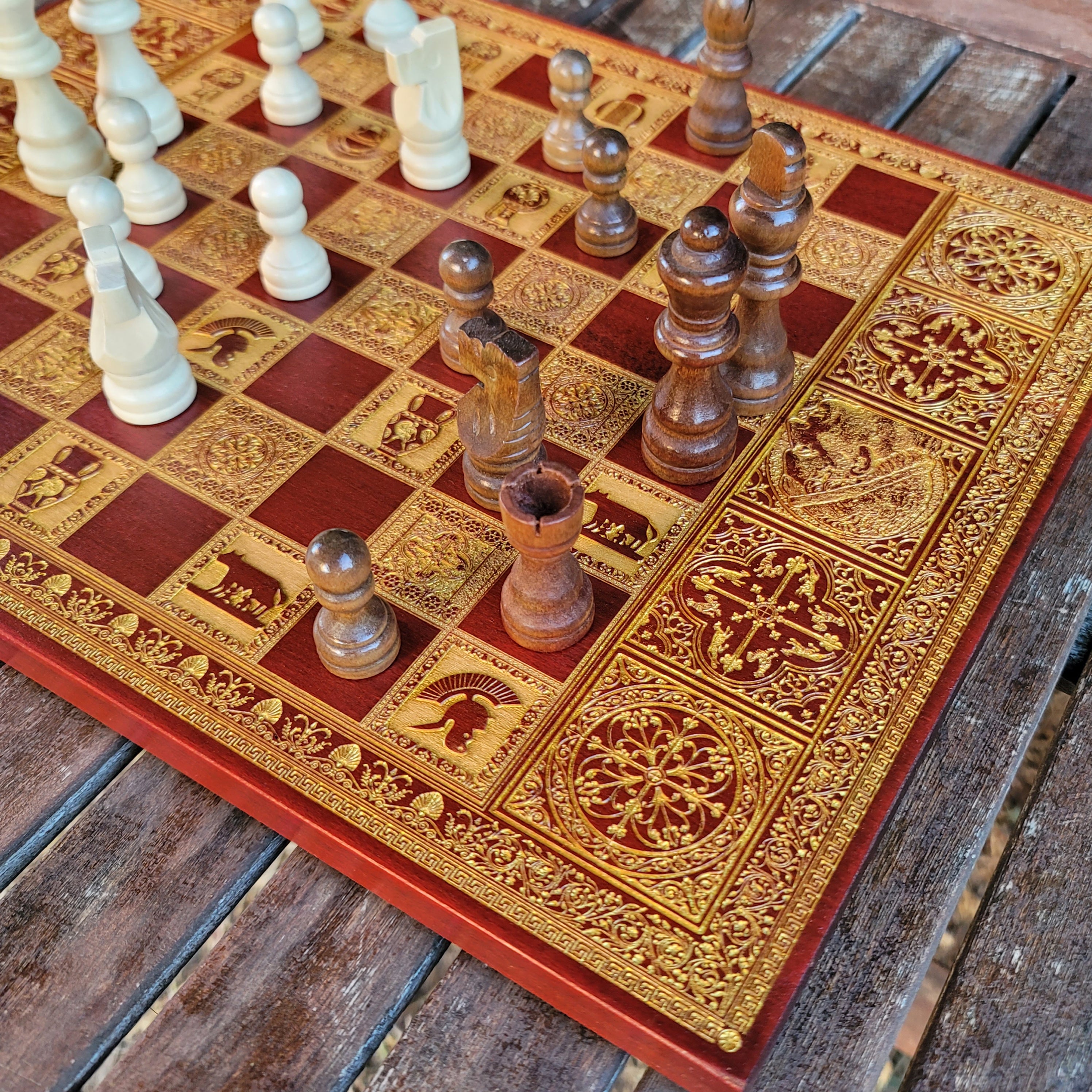 Roman Chess Board - Red Walnut & Gold - A3 Large Size