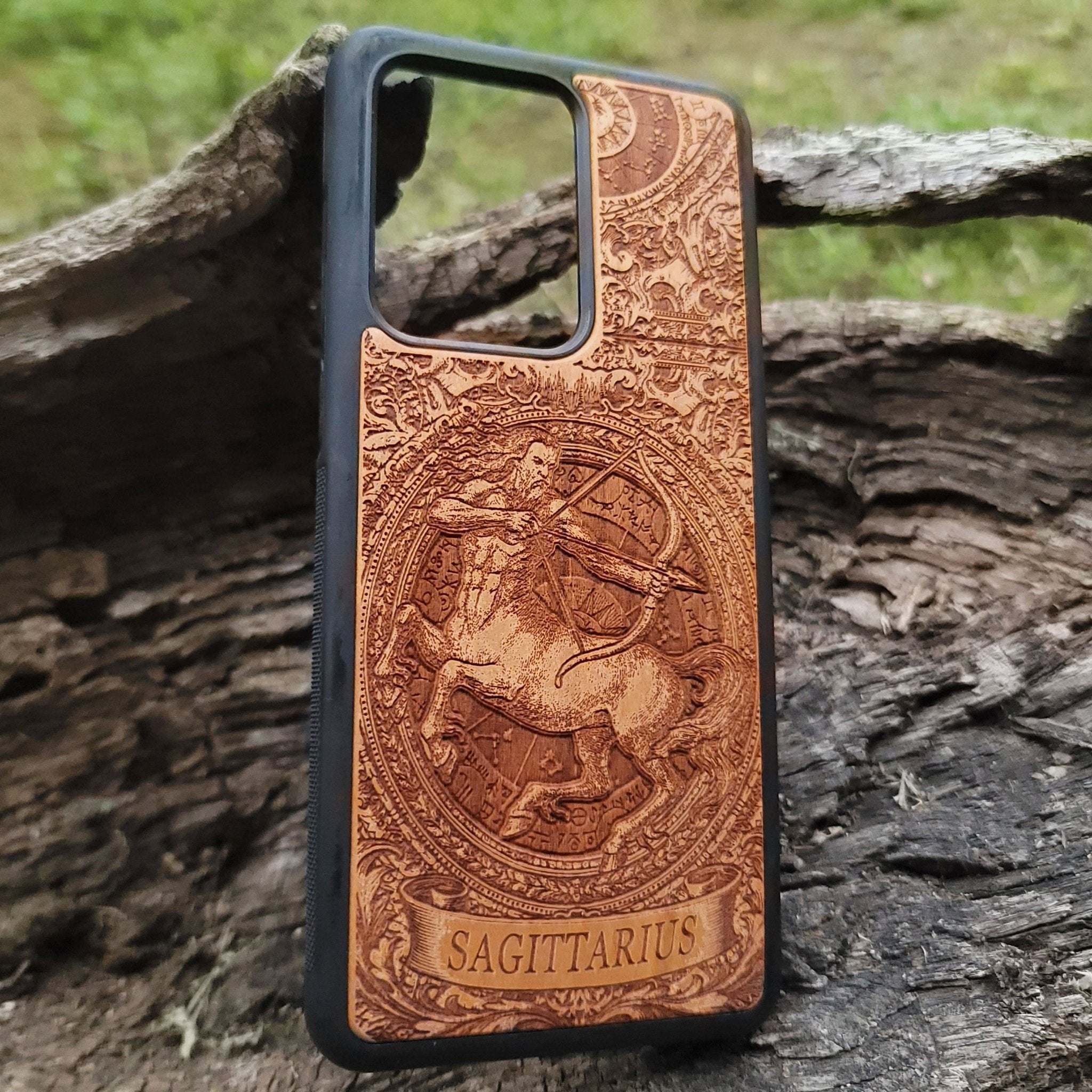Laser engraved Sagittarius zodiac sign on natural wood case