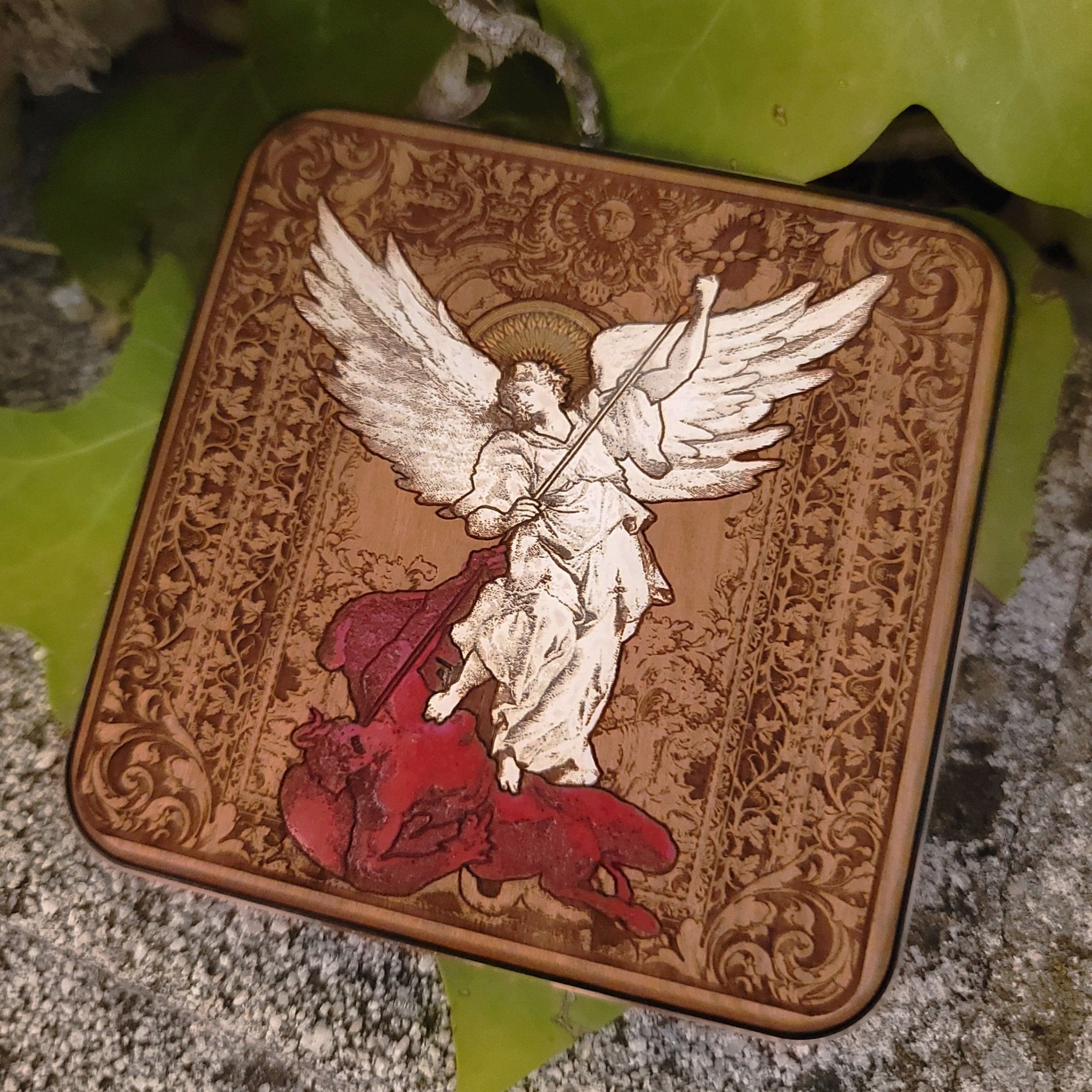 15W wooden wireless charger featuring Catholic Saint Michael artwork