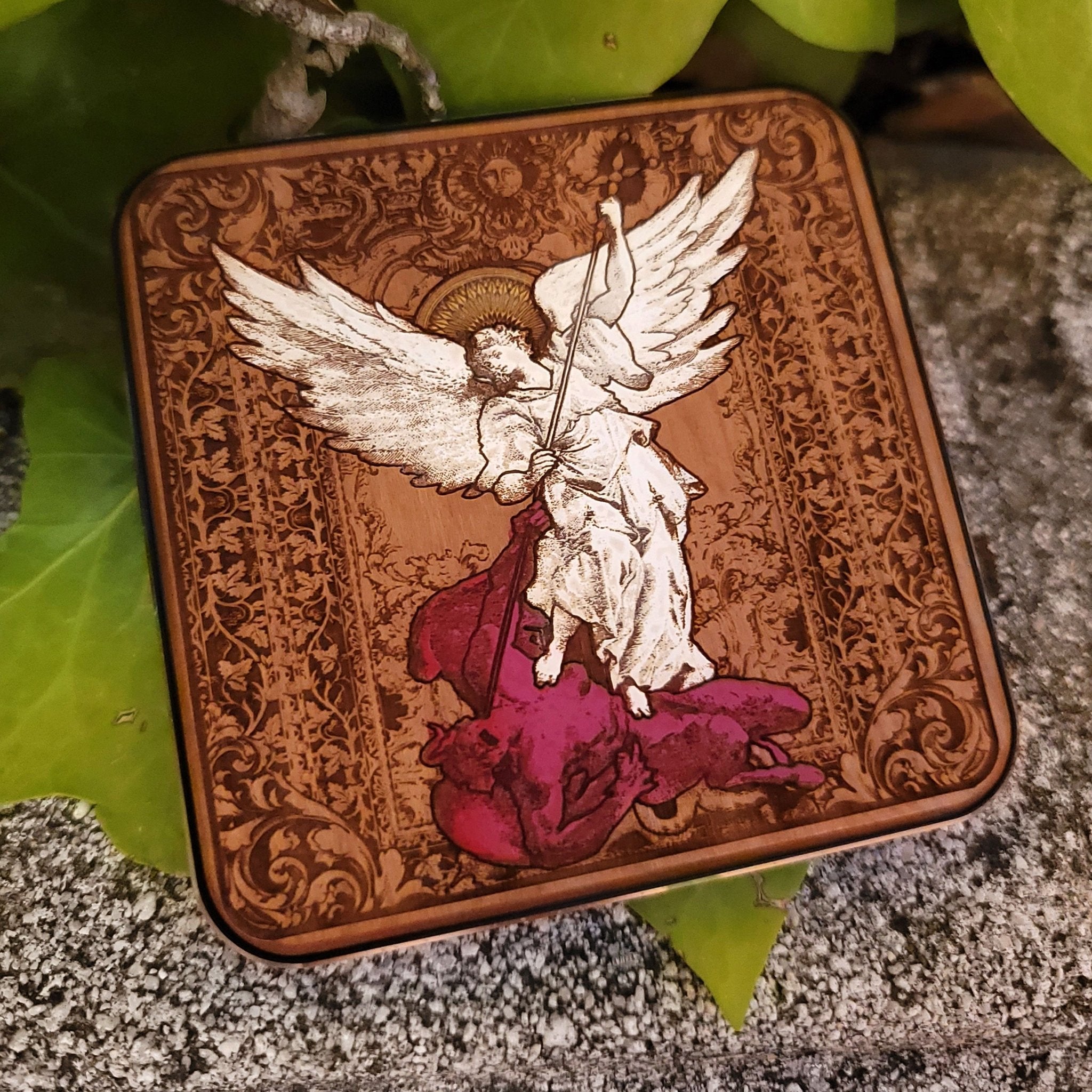 Saint Michael charging pad on desk – perfect Catholic decor gift