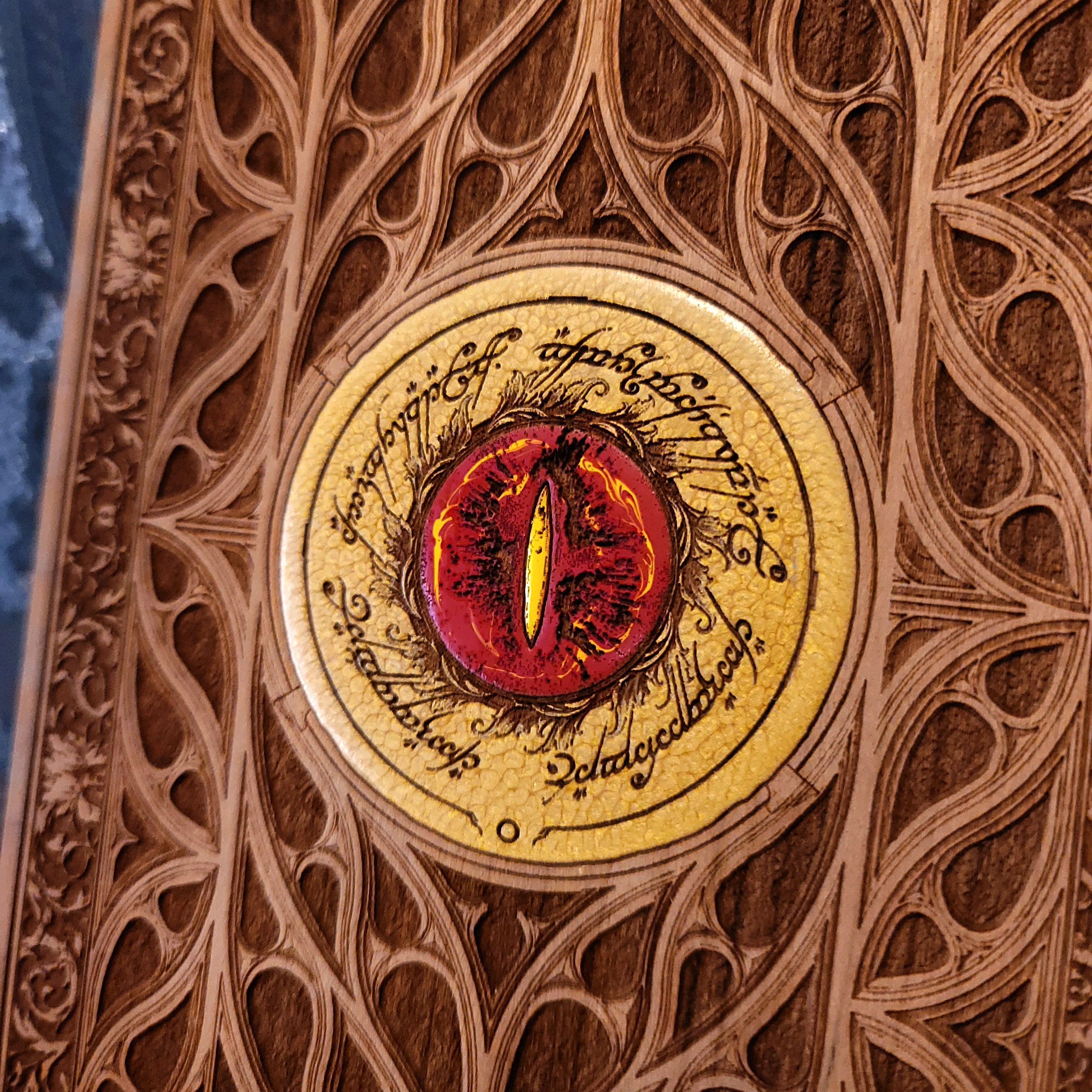 Sauron eye Wood Wall Art Runic Decor Hand Painted & Laser Engraved on Cherry