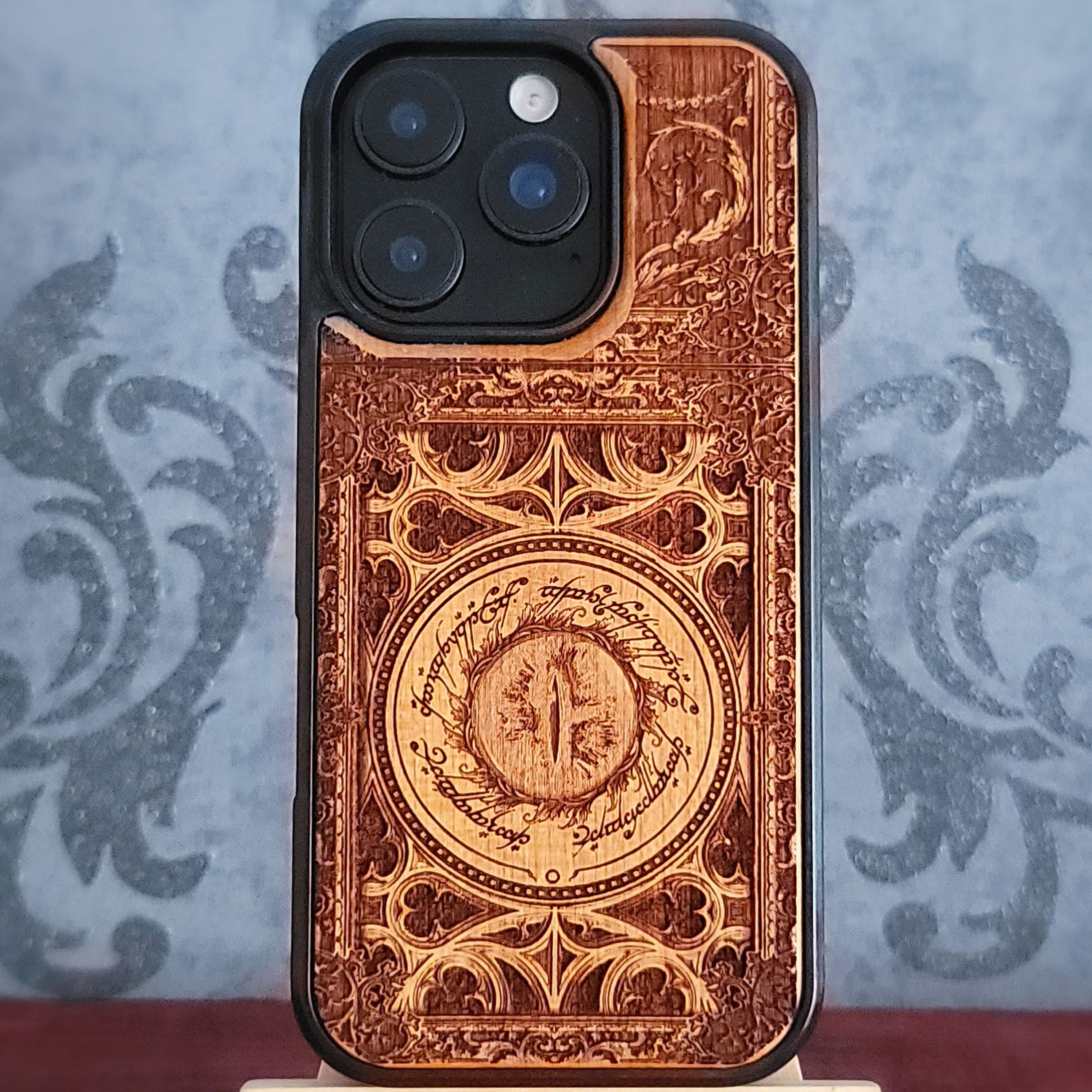 Wooden phone case featuring Sauron’s Eye from The Lord of the Rings, laser-engraved for iPhone , iPhone 15, Samsung Galaxy