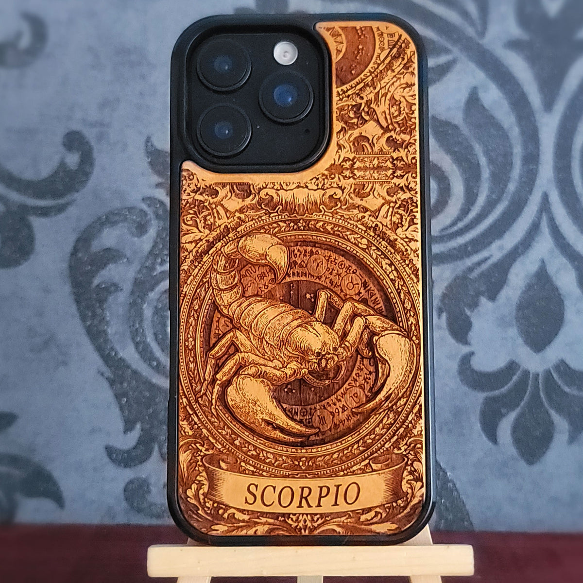 Scorpio zodiac engraved wood phone case with scorpion and constellation design