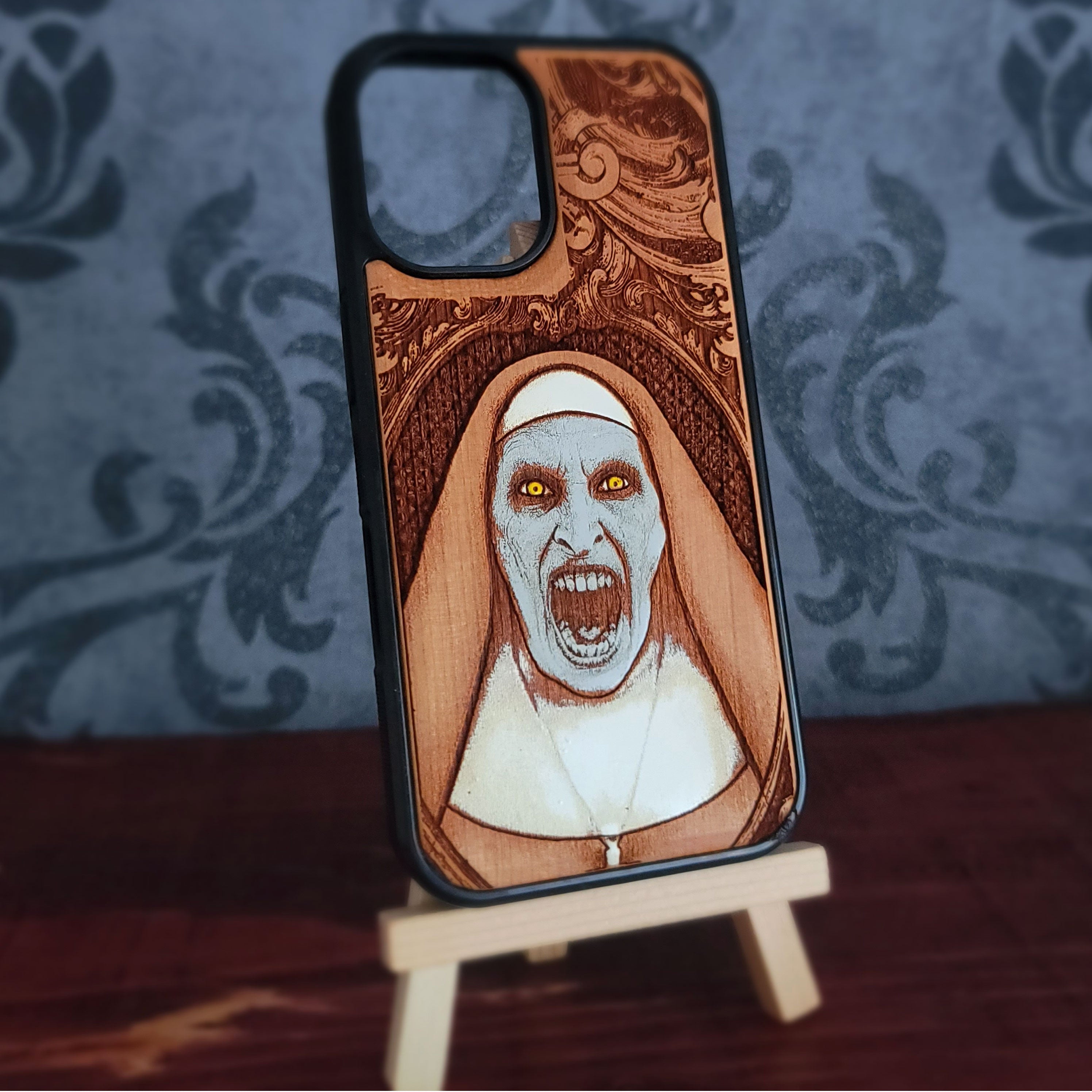 vampire nun wood phone case laser engraved