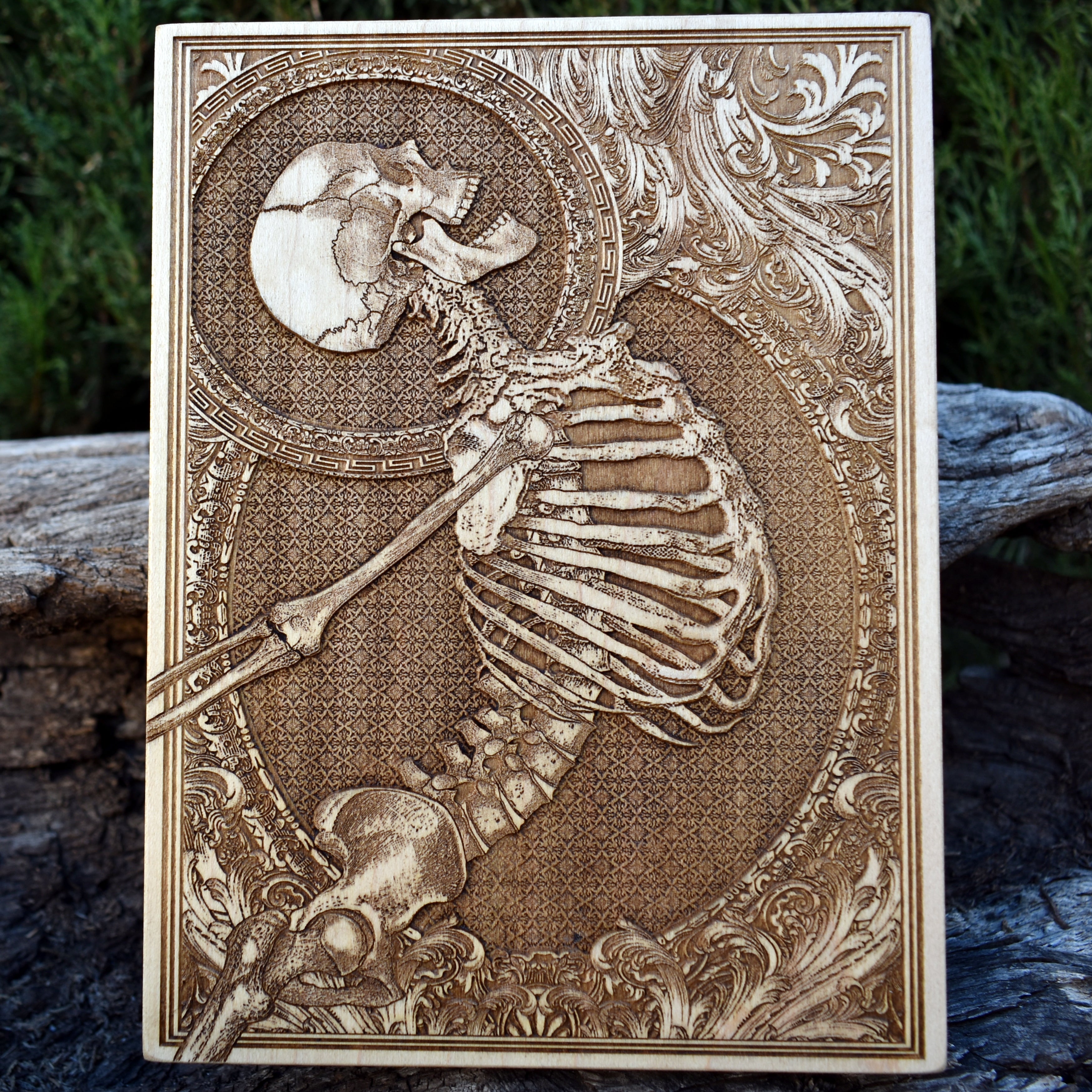Skeleton wood engraving - gothic skull decor - handcrafted wooden skull art