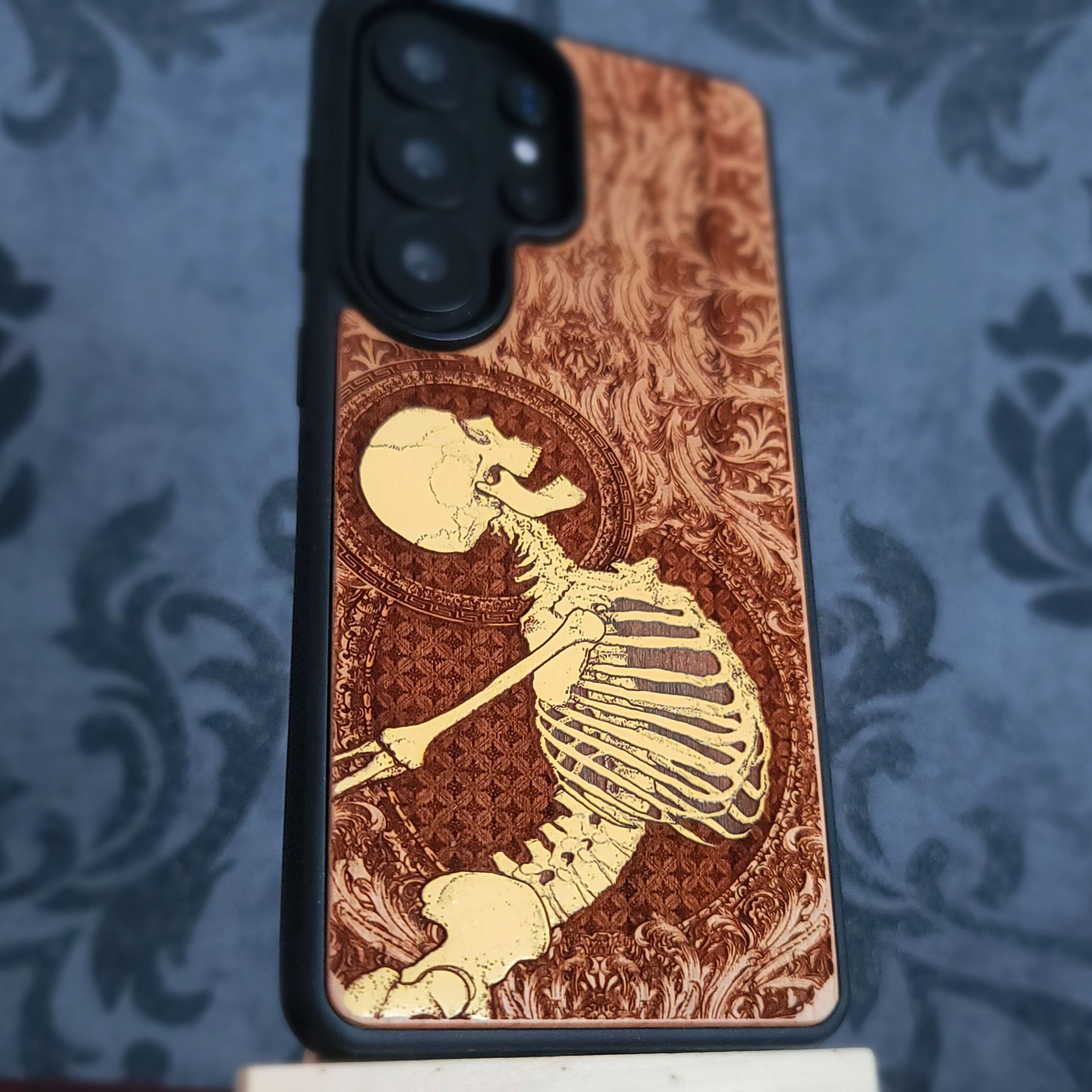 Yellow Human Skeleton Stumble - Wood Phone Case - Gothic Pattern Hand Painted