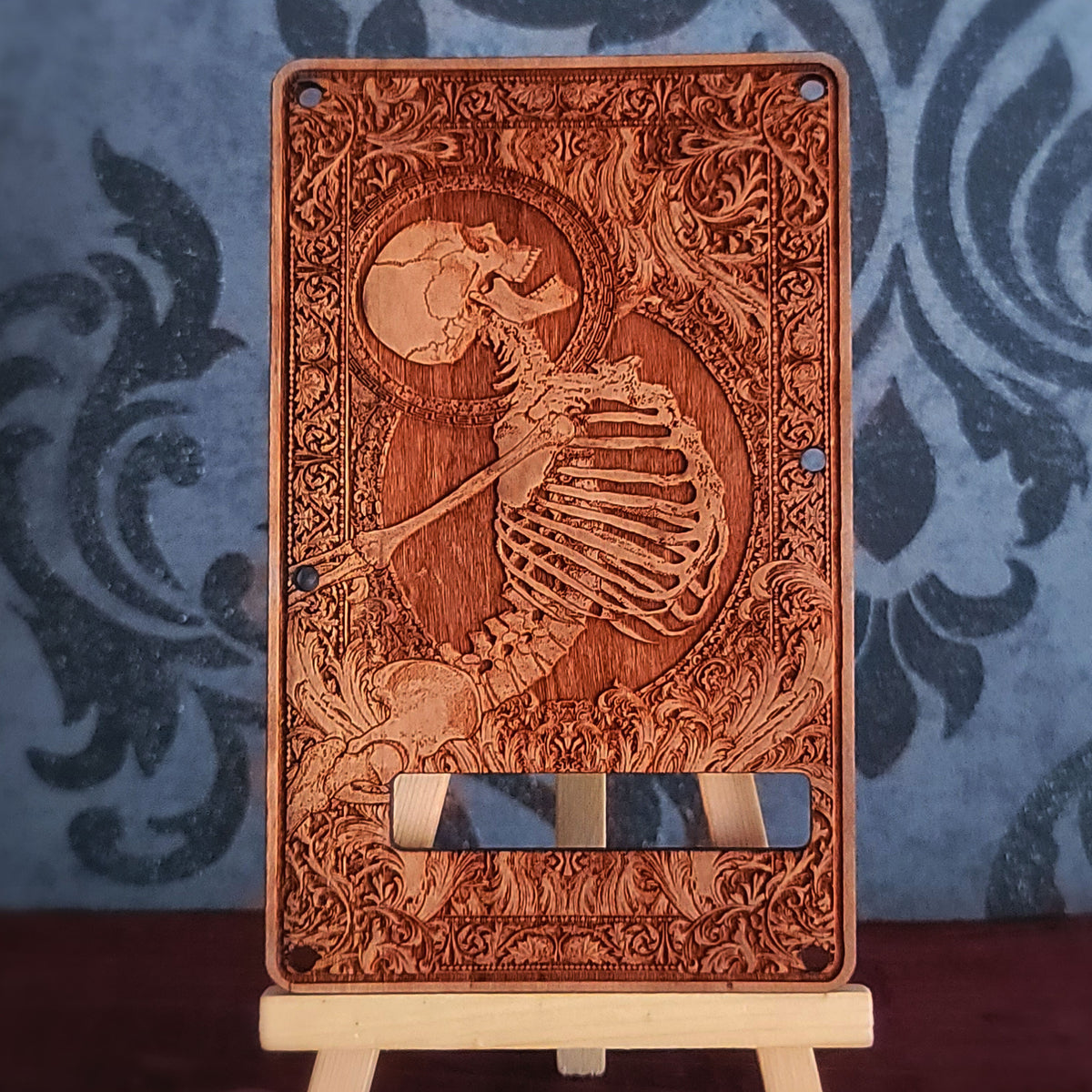Skeleton engraved cherry wood tremolo cover for Strato style electric guitar