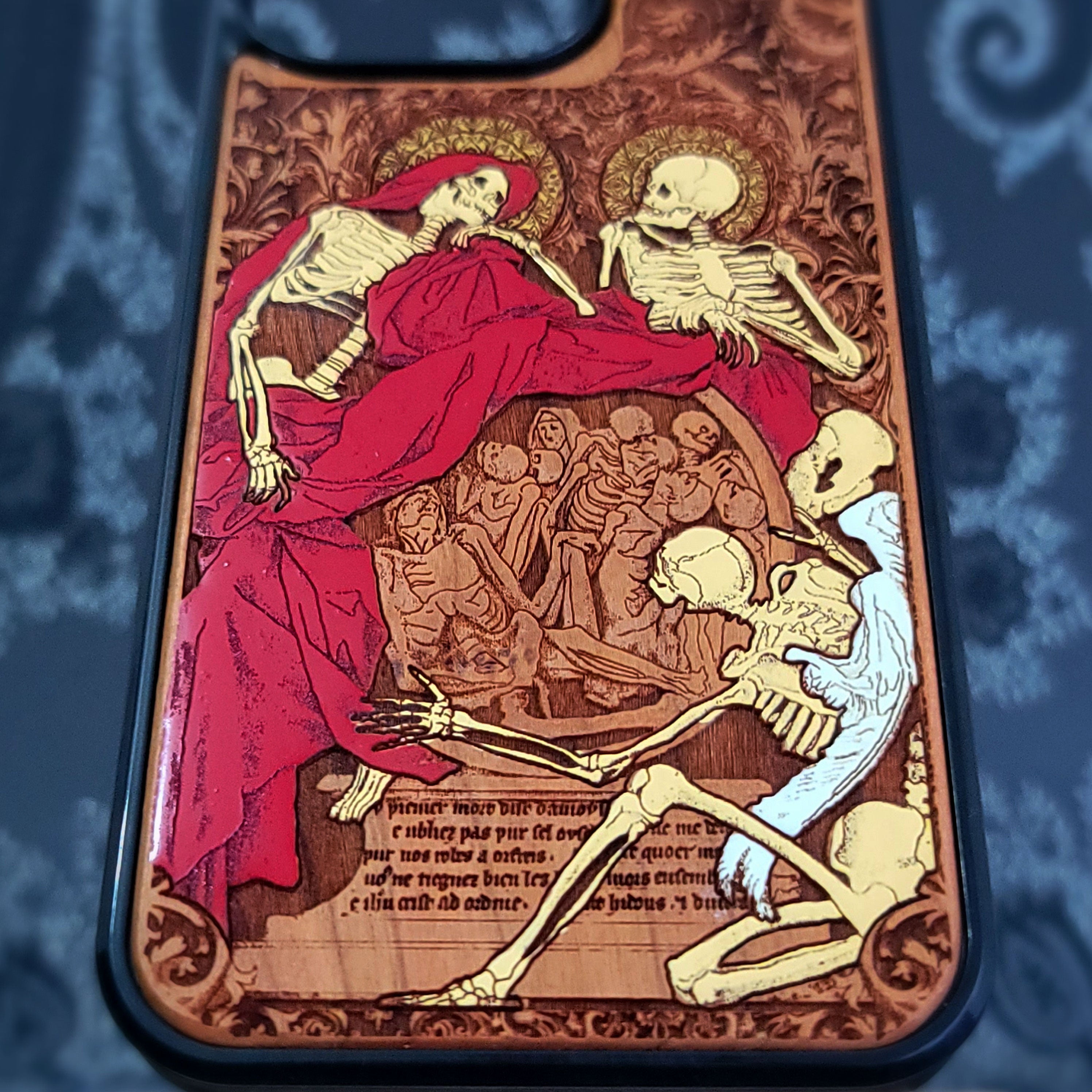 memento mori skeleton gothic wood phone case for iphone and samsung galaxy