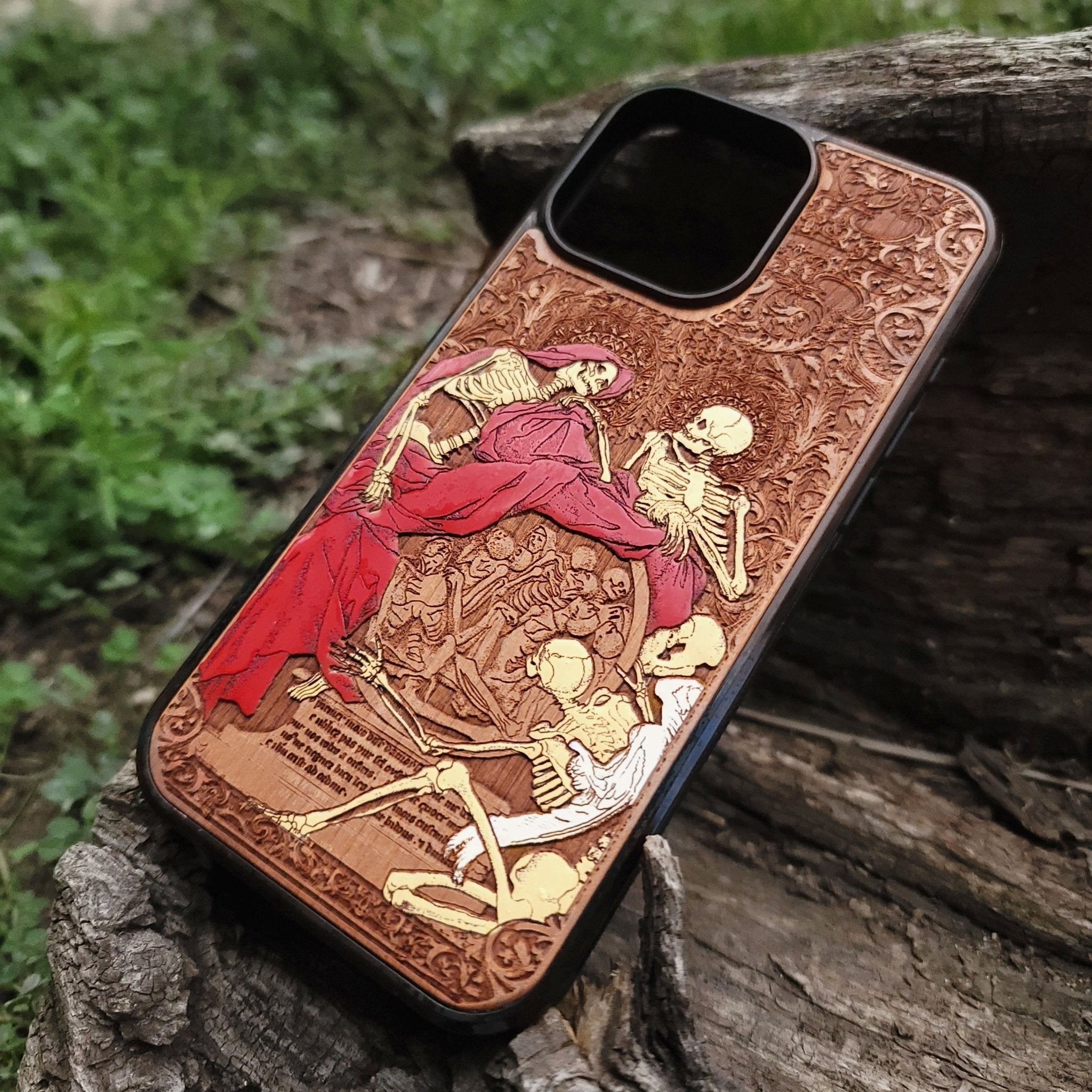 Unique wood case featuring Red Souls gothic art, designed for those who love dark fantasy, handcrafted accessories, and one-of-a-kind gifts.