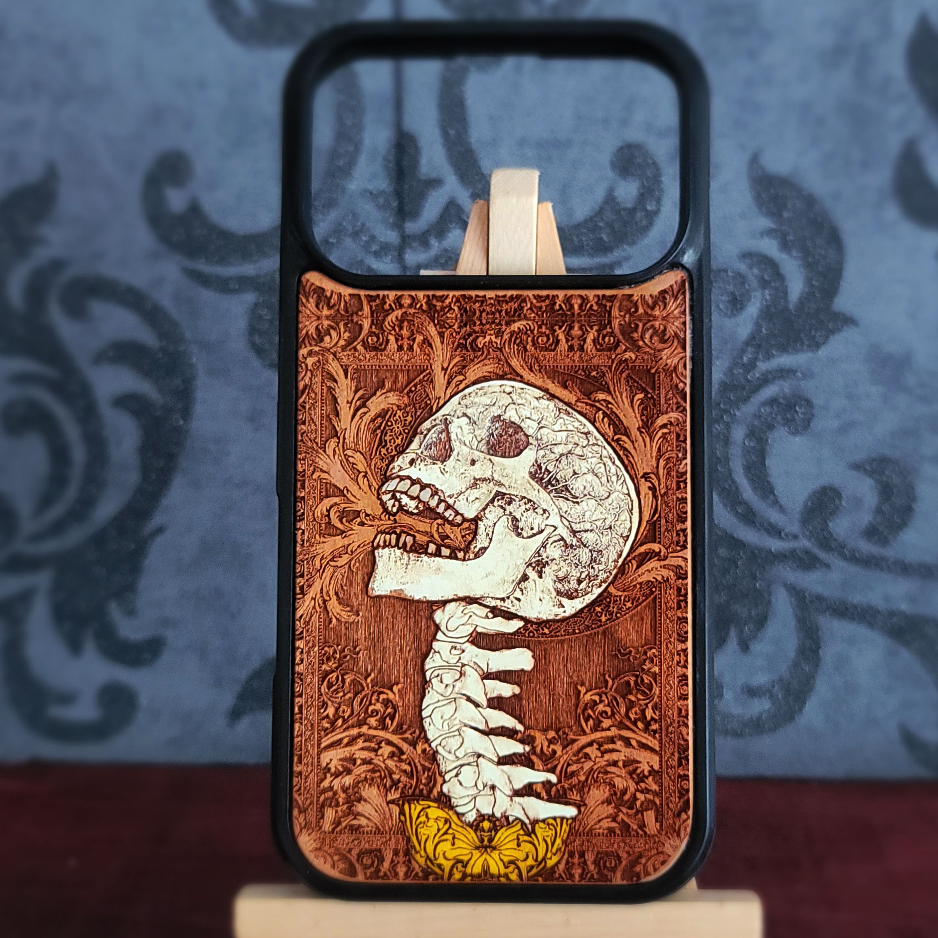 skull wood phone case hand painted for iphone and samsung galaxy