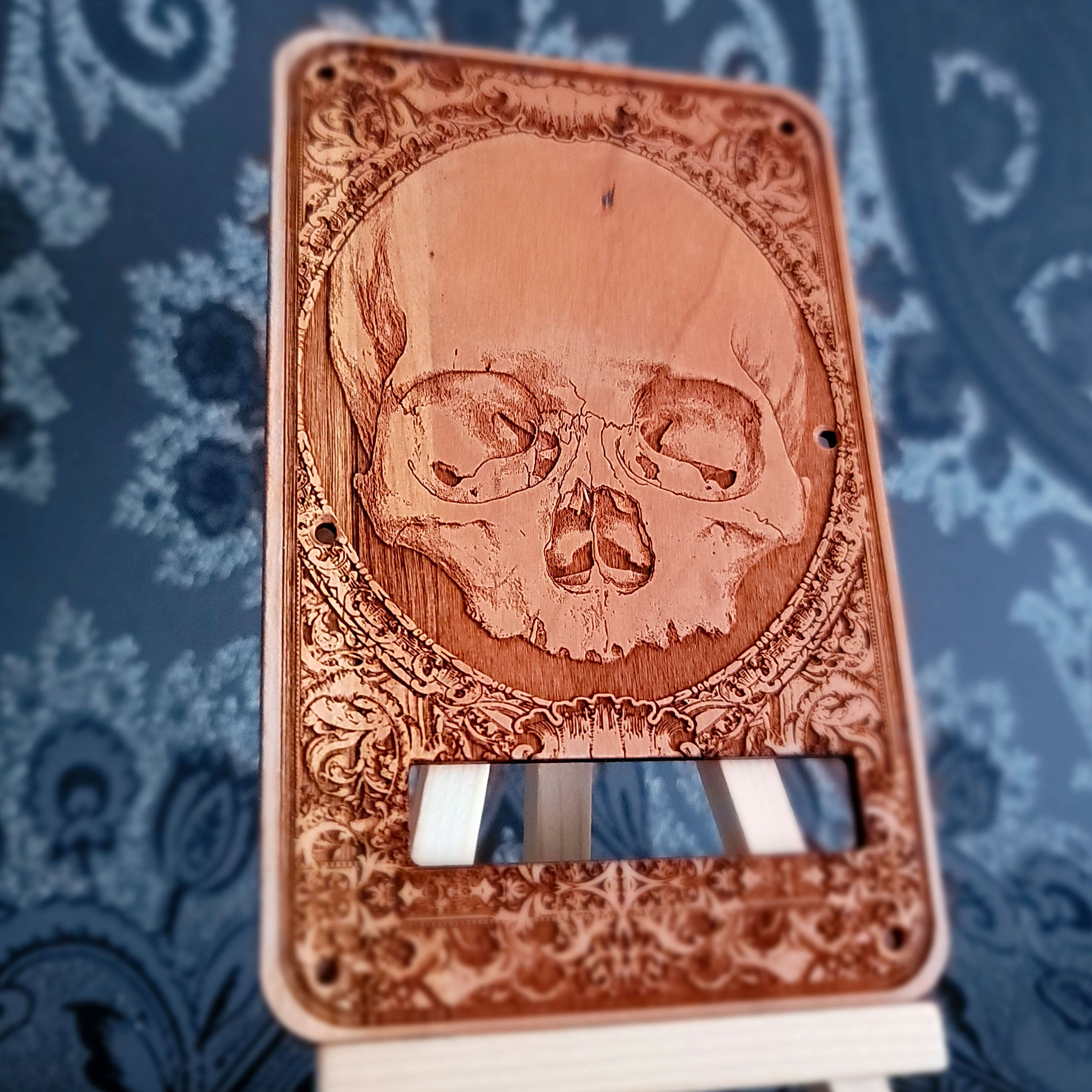 skull tremolo guitar wood laser engraved