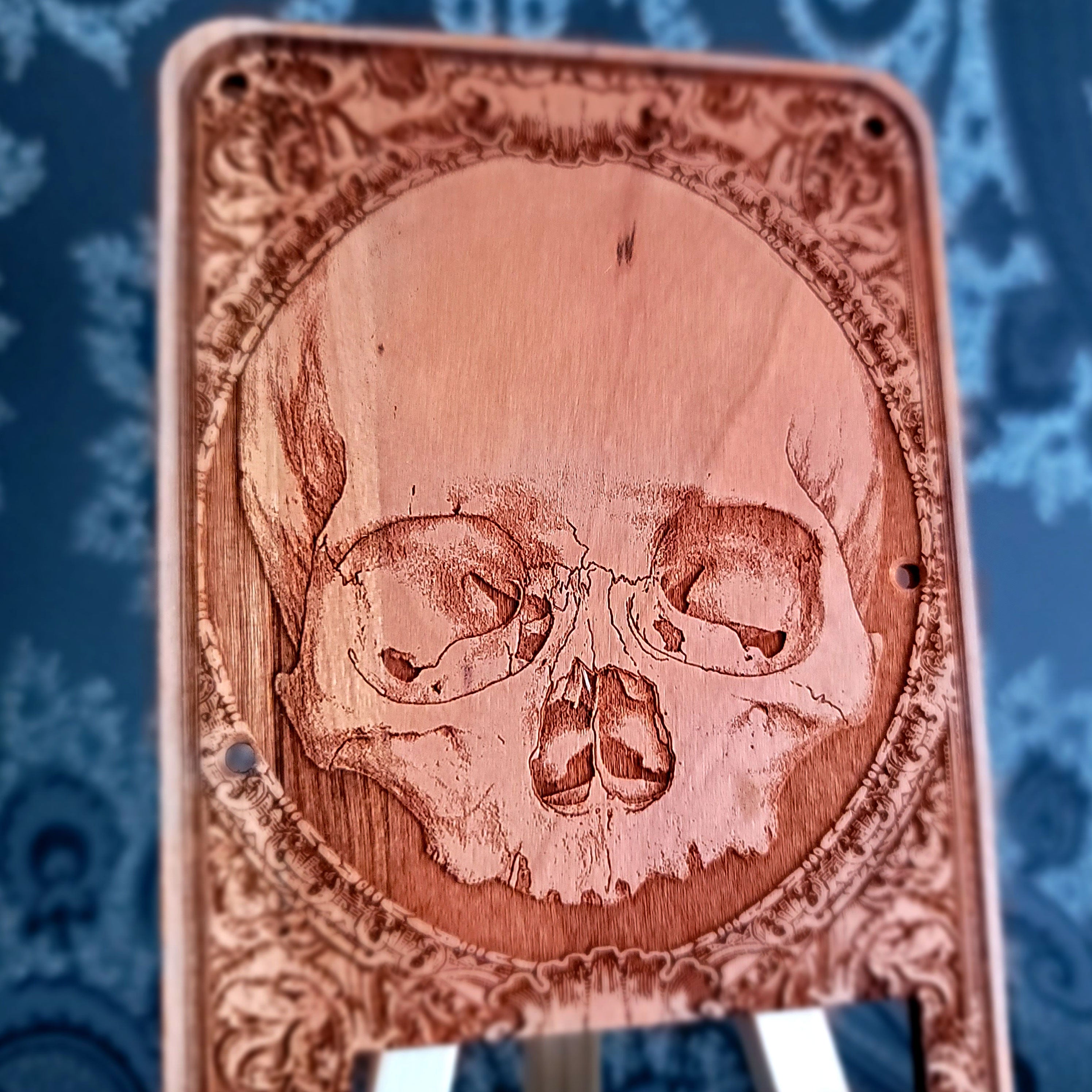 skull tremolo guitar wood laser engraved