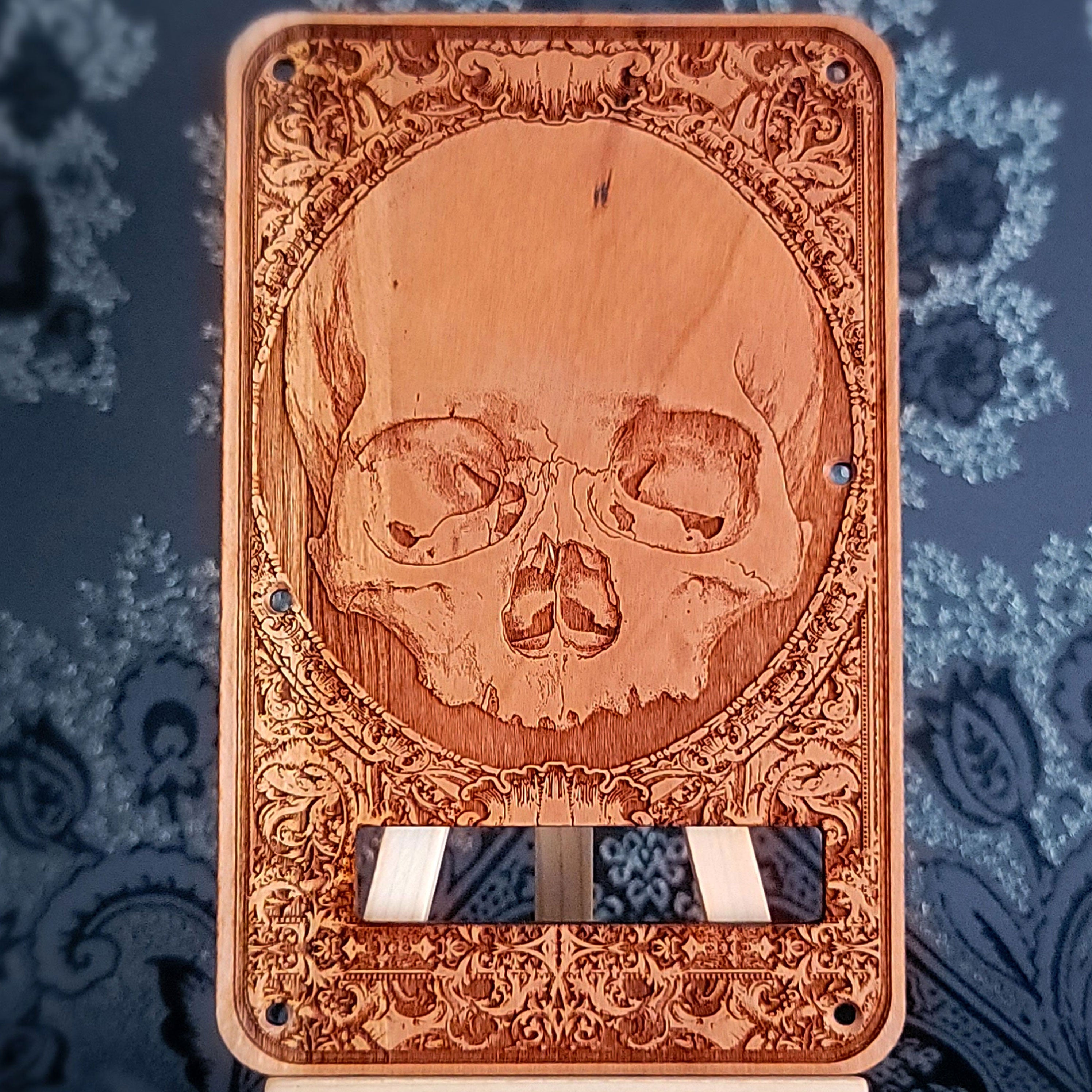 skull tremolo guitar wood laser engraved