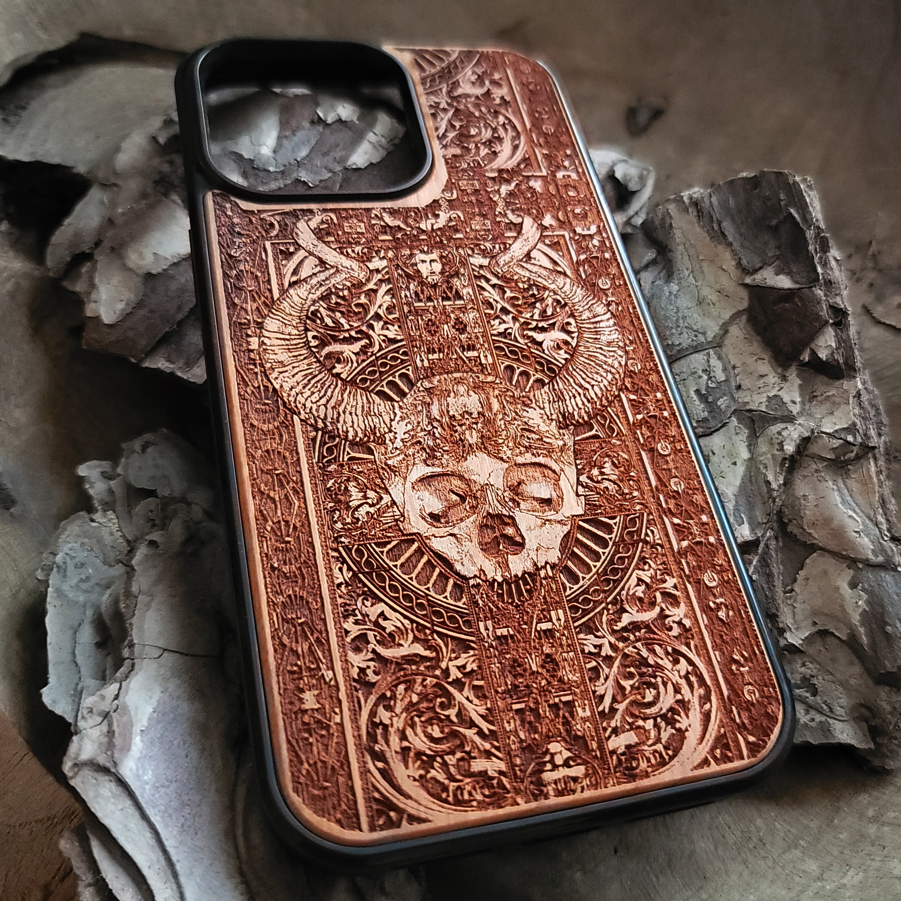 iPhone & Samsung Galaxy Wood Phone Case - Skull Artwork "Cross Skull II"