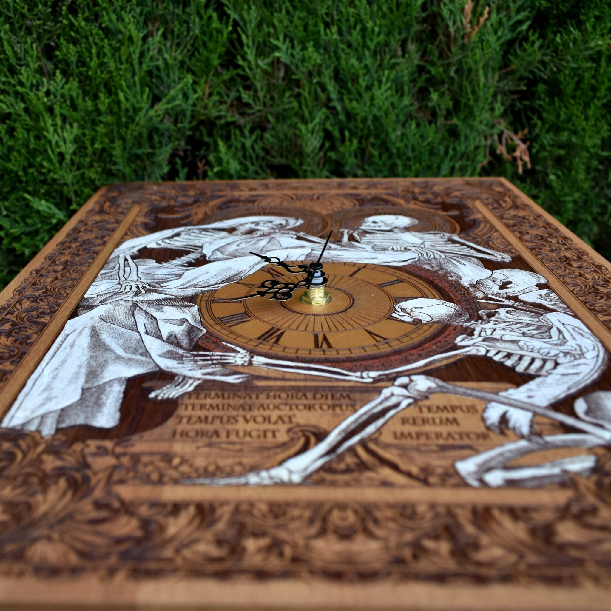 Gothic engraved wood art – gothic art, engraved wood, dark fantasy, skeleton design, artisan crafted