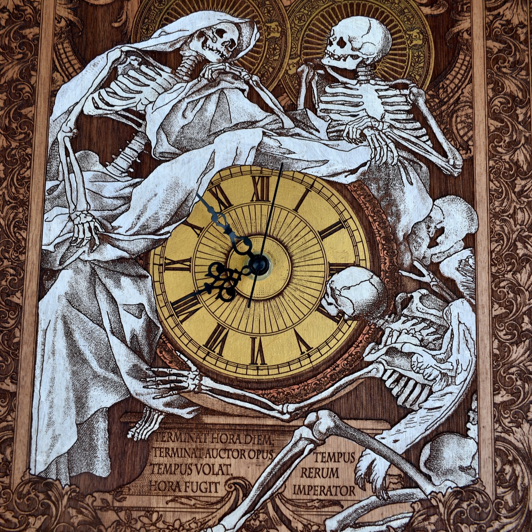 Gothic engraved wood art – gothic art, engraved wood, dark fantasy, skeleton design, artisan crafted