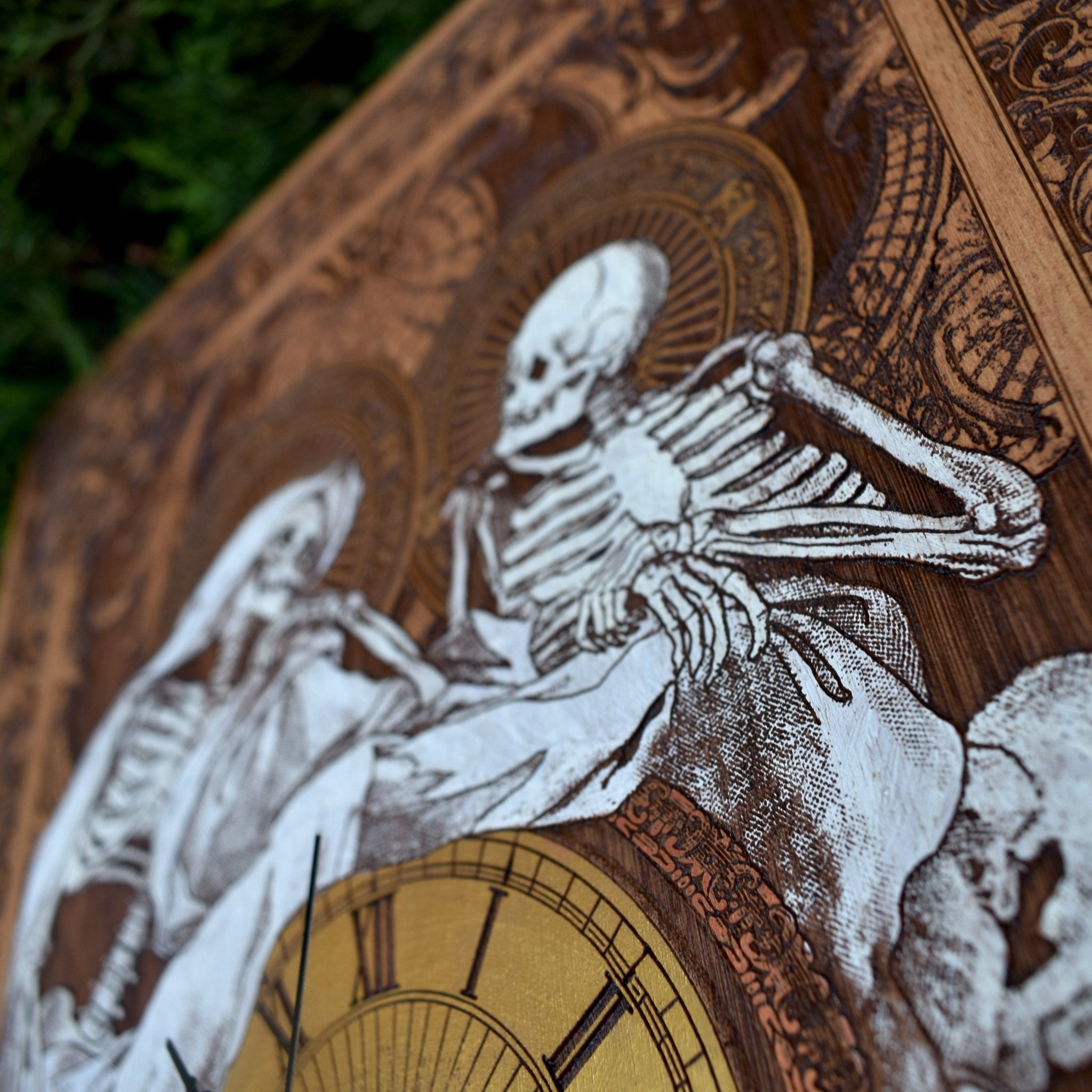 Gothic engraved wood art – gothic art, engraved wood, dark fantasy, skeleton design, artisan crafted