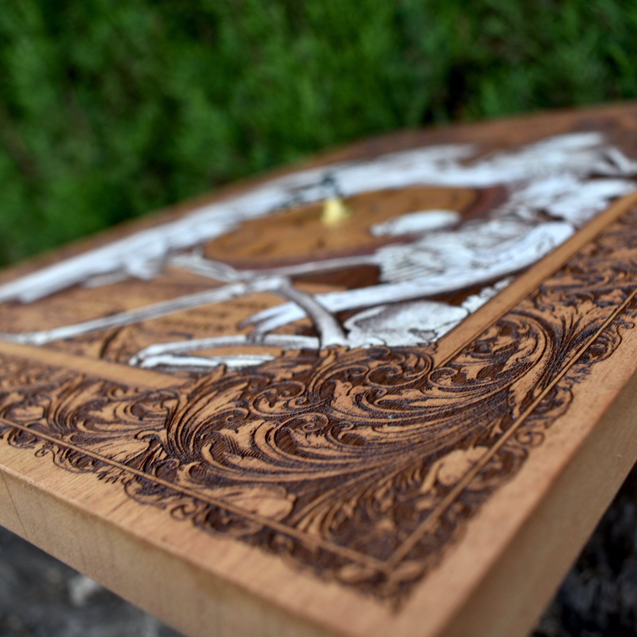 Gothic engraved wood art – gothic art, engraved wood, dark fantasy, skeleton design, artisan crafted